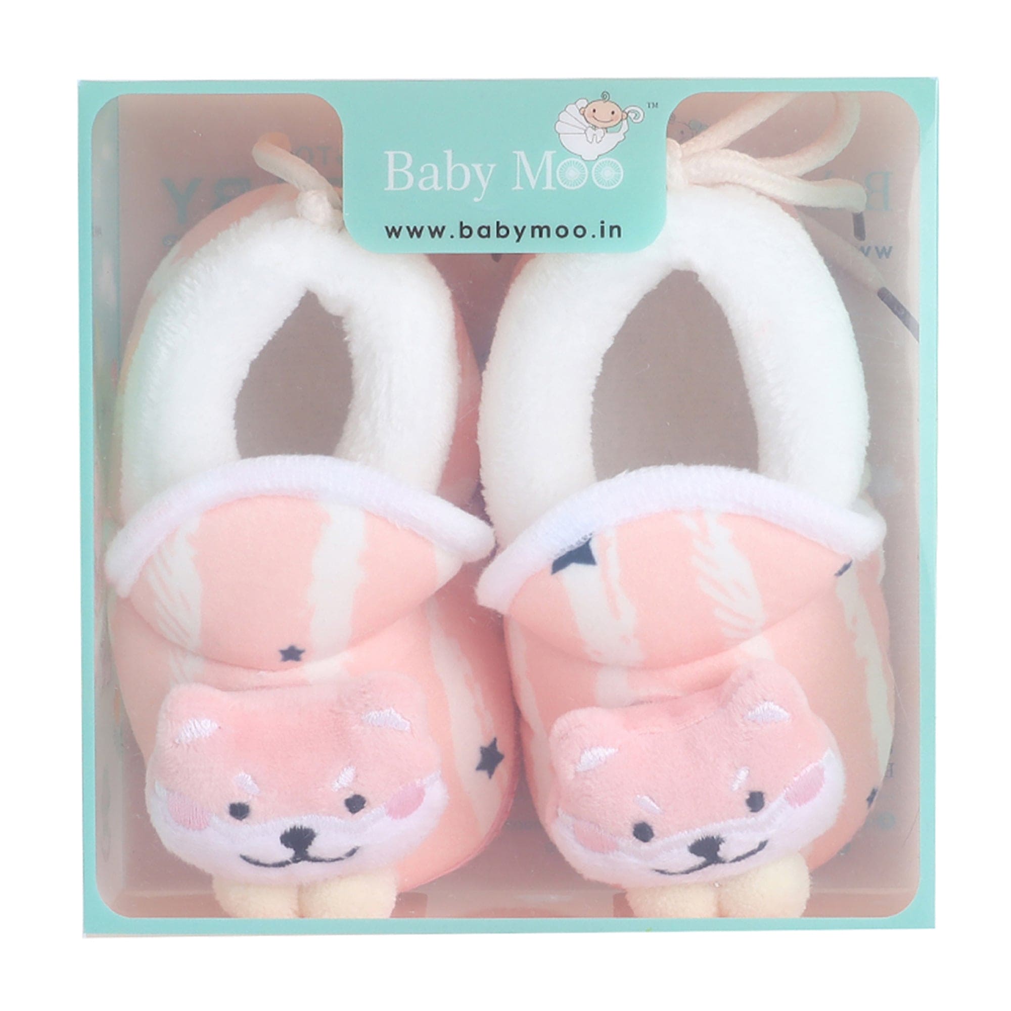 Baby Moo 3D Teddy Broad Stripes Soft Slip-On Anti-Skid Plush Warm Booties - Peach