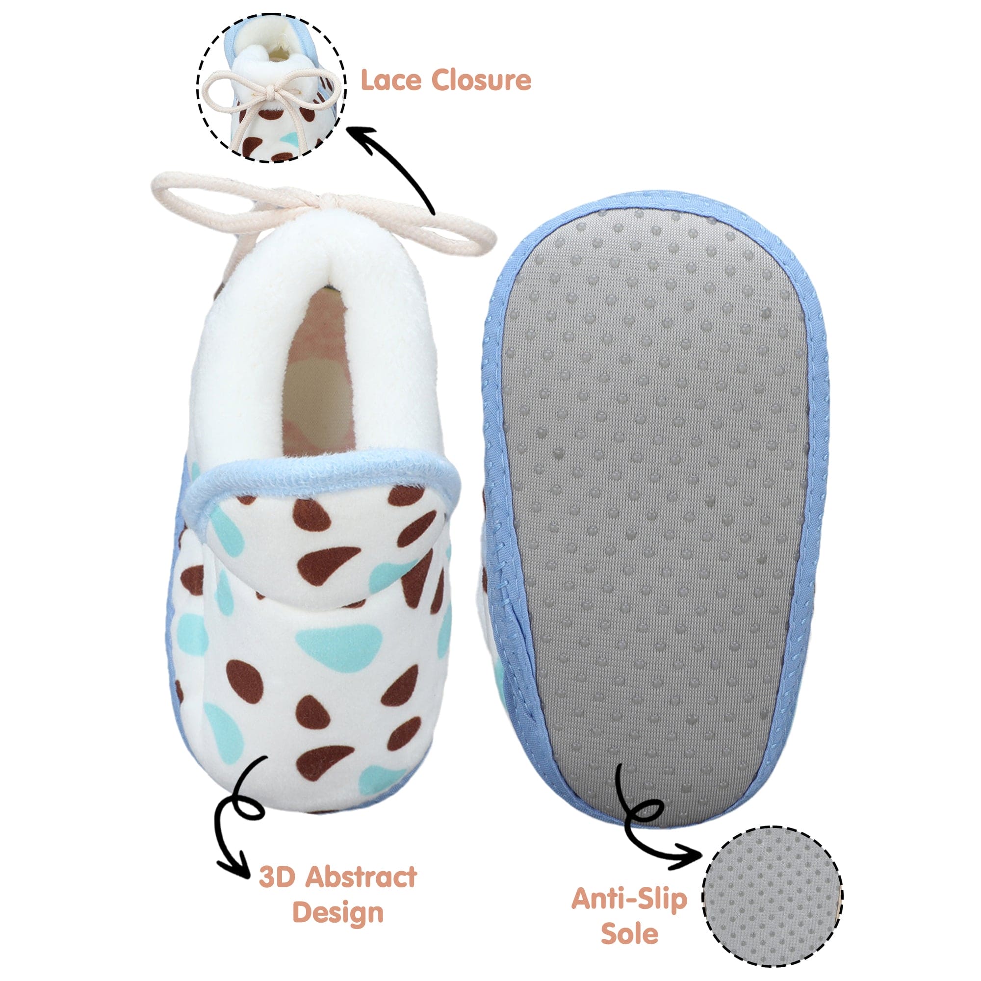 Baby Moo Abstract Spots Soft Slip-On Anti-Skid Plush Warm Booties - Blue