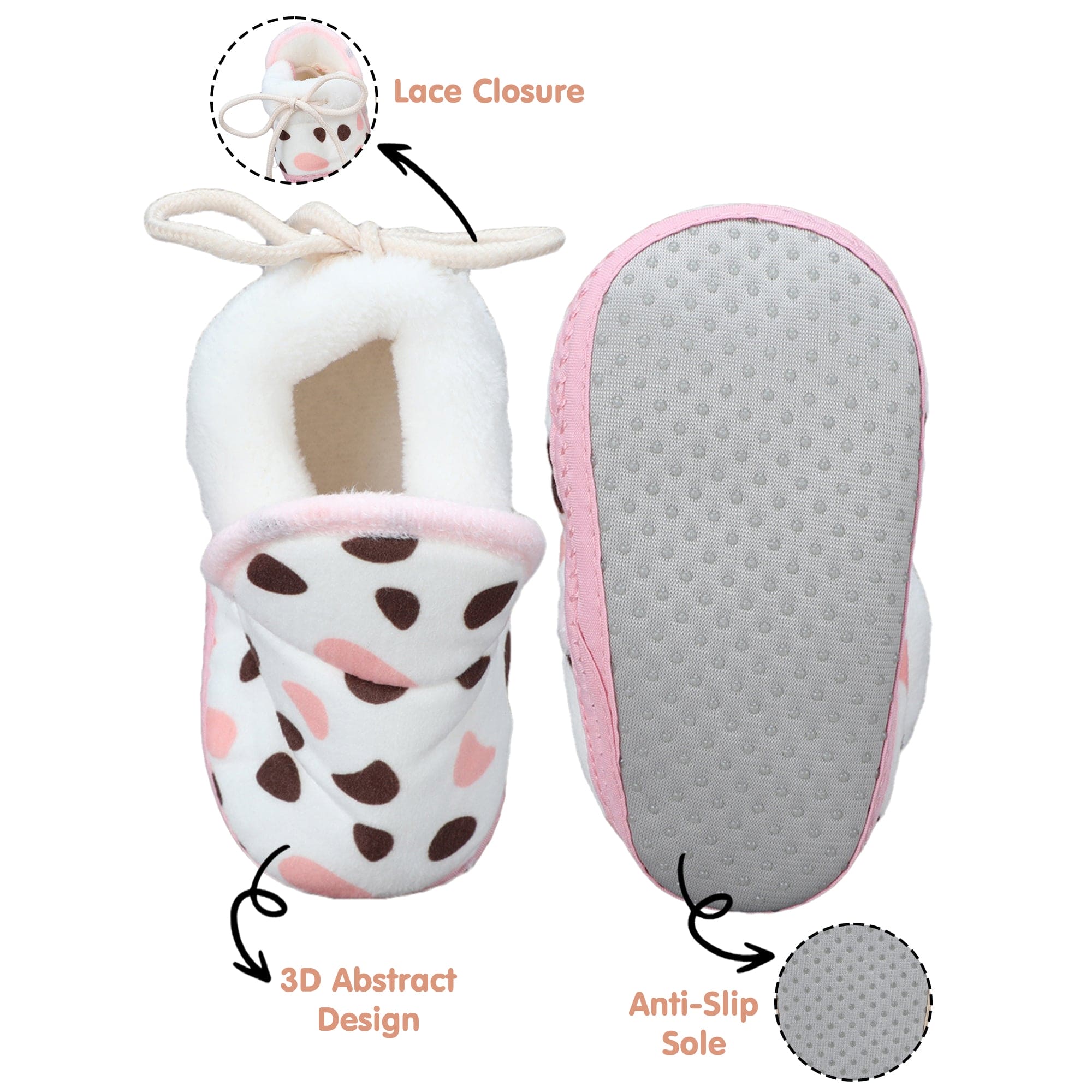 Baby Moo Abstract Spots Soft Slip-On Anti-Skid Plush Warm Booties - Pink