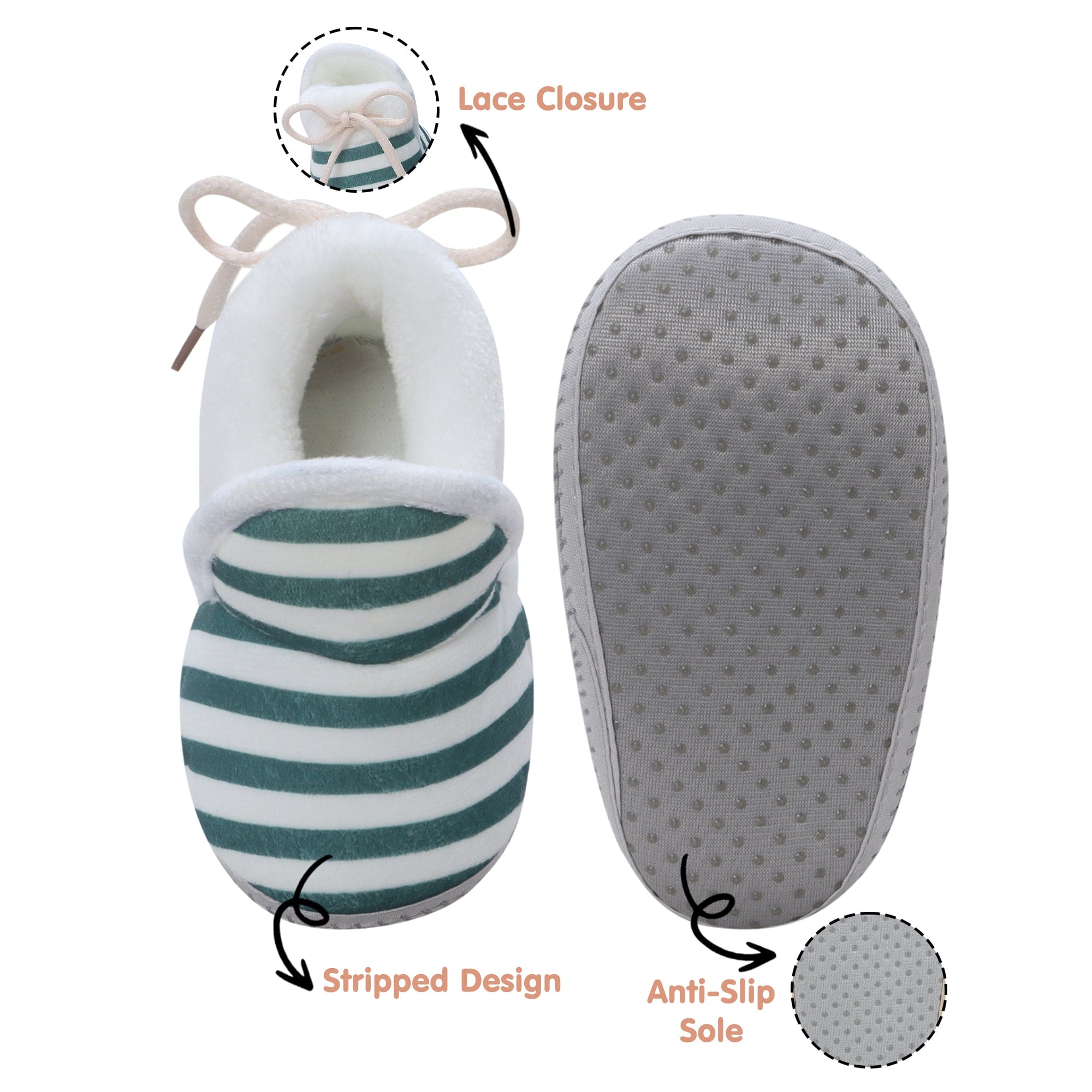 Baby Moo Striped Soft Slip-On Anti-Skid Plush Warm Booties - Green