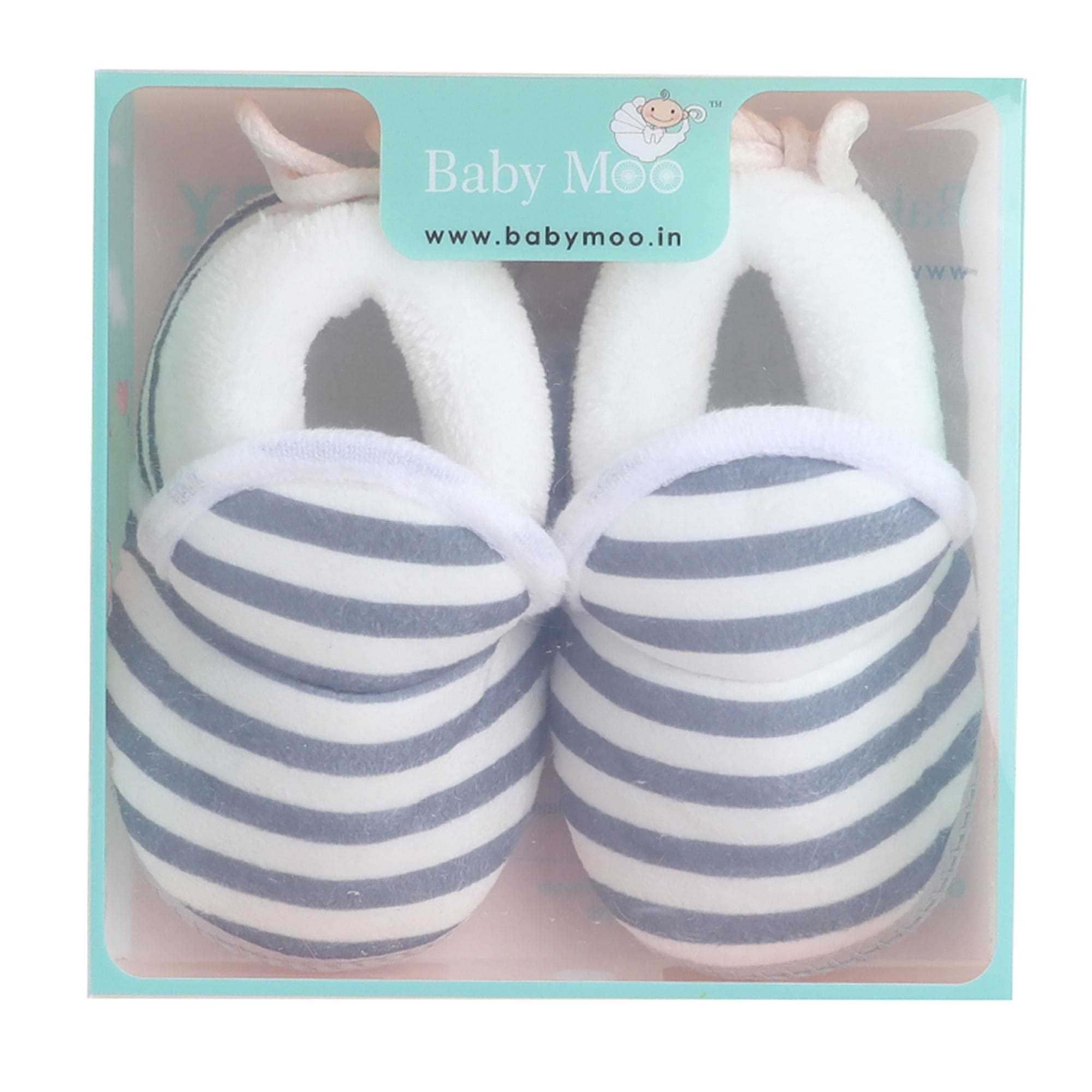 Baby Moo Striped Soft Slip-On Anti-Skid Plush Warm Booties - Grey