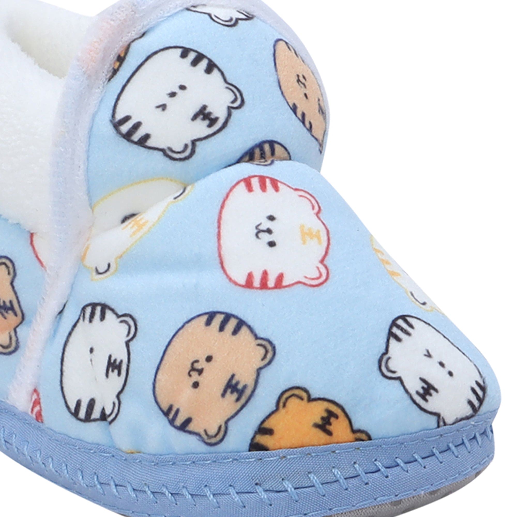 Baby Moo Kitty Face Printed Soft Slip-On Anti-Skid Plush Warm Booties - Blue