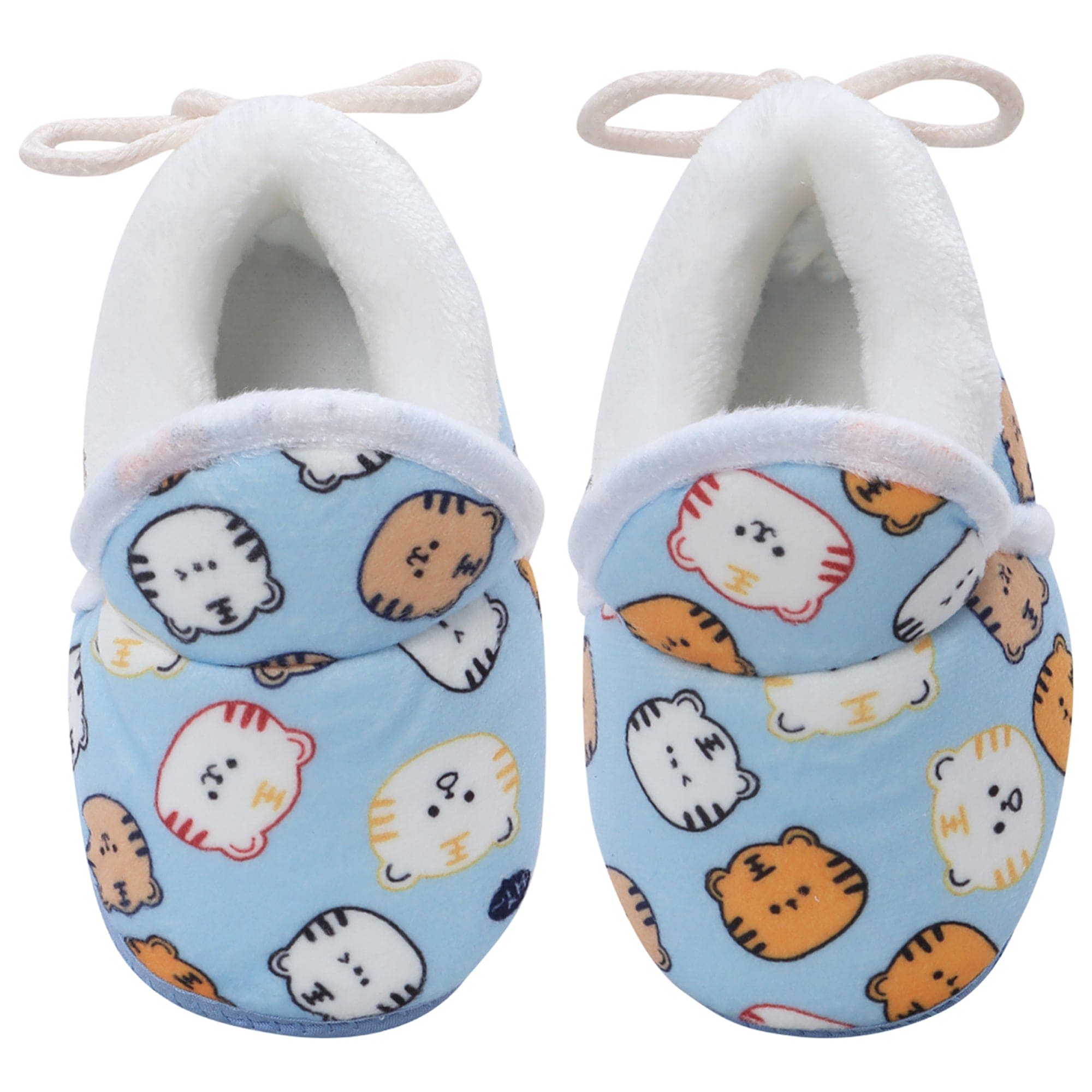 Baby Moo Kitty Face Printed Soft Slip-On Anti-Skid Plush Warm Booties - Blue