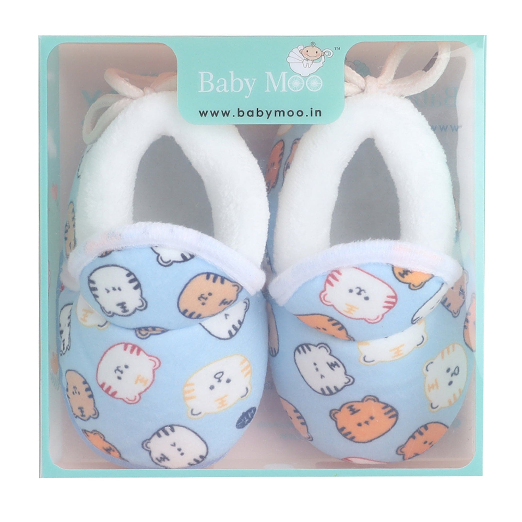 Baby Moo Kitty Face Printed Soft Slip-On Anti-Skid Plush Warm Booties - Blue