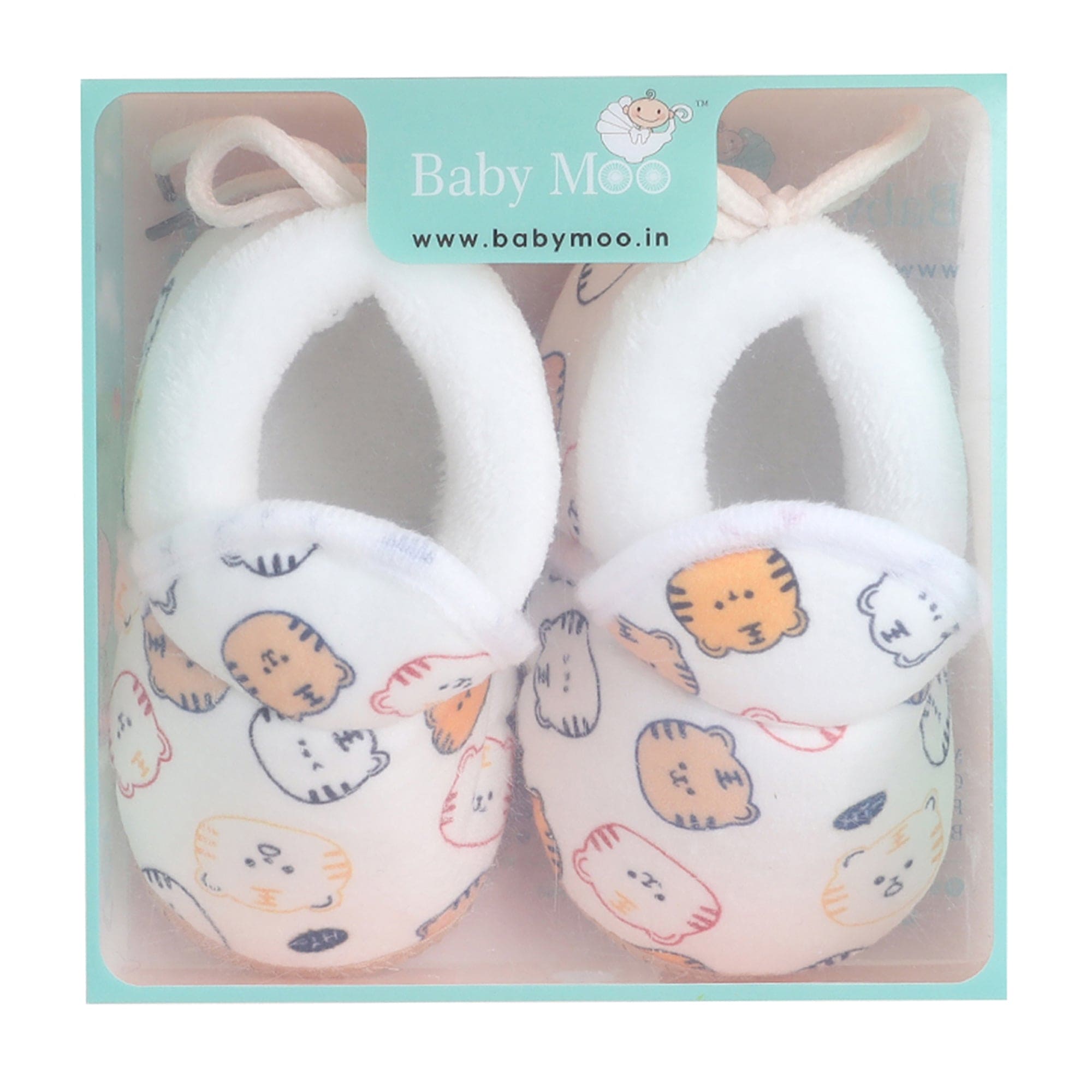 Baby Moo Kitty Face Printed Soft Slip-On Anti-Skid Plush Warm Booties - White