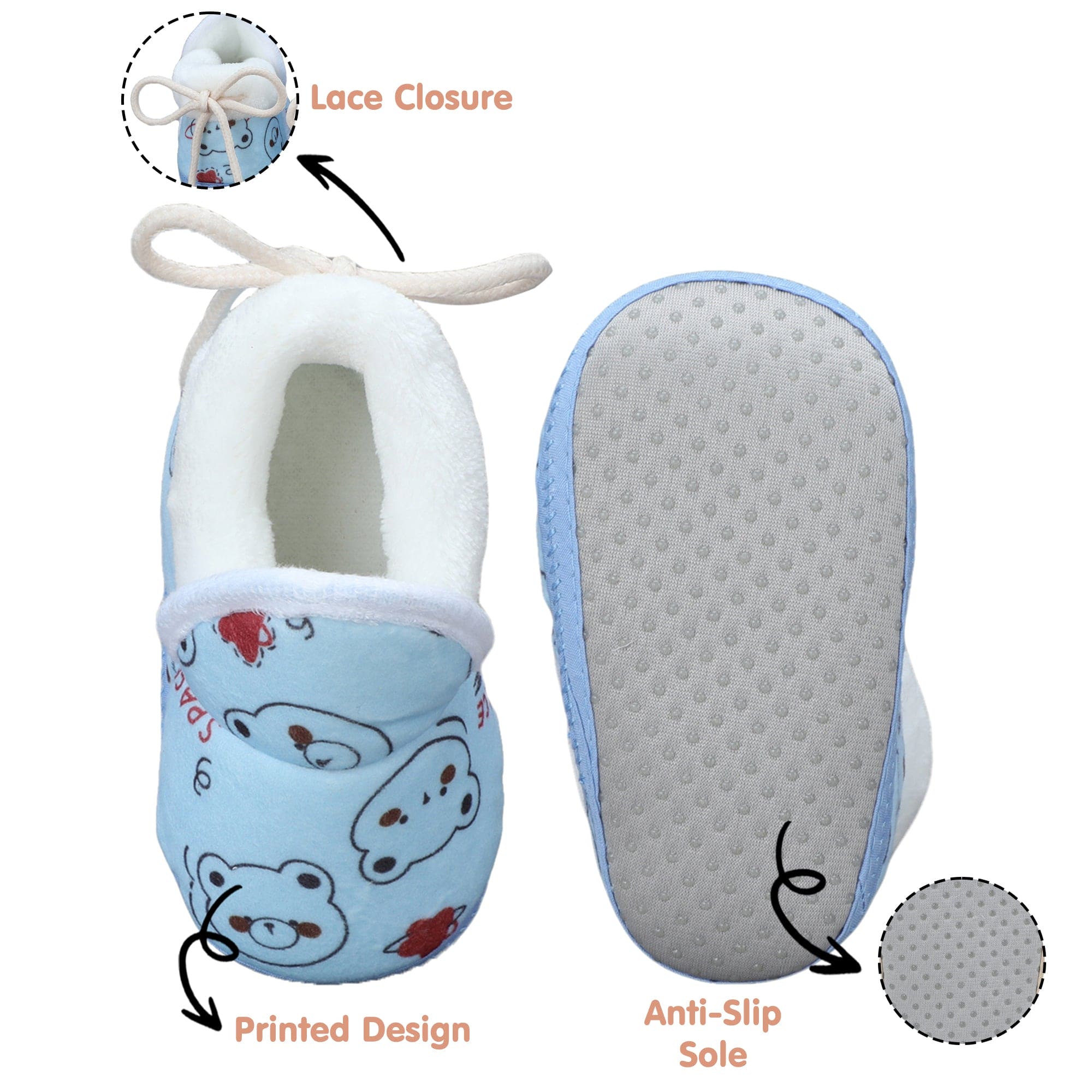 Baby Moo Panda Face Printed Soft Slip-On Anti-Skid Plush Warm Booties - Blue