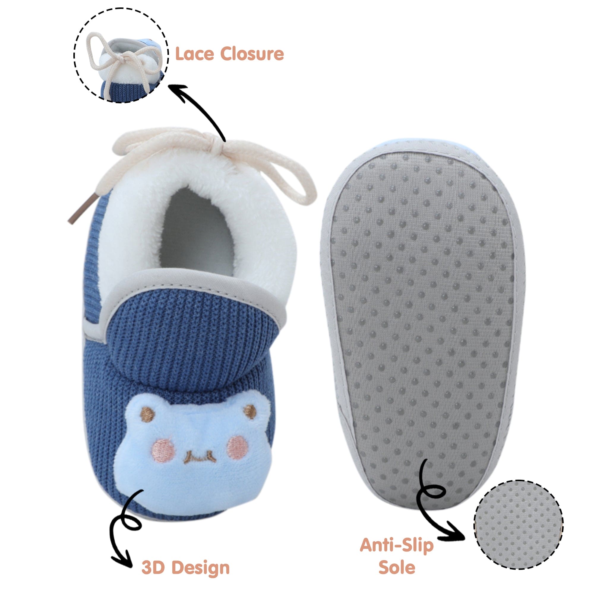 Baby Moo 3D Kitty Ribbed Soft Slip-On Anti-Skid Plush Warm Booties - Blue