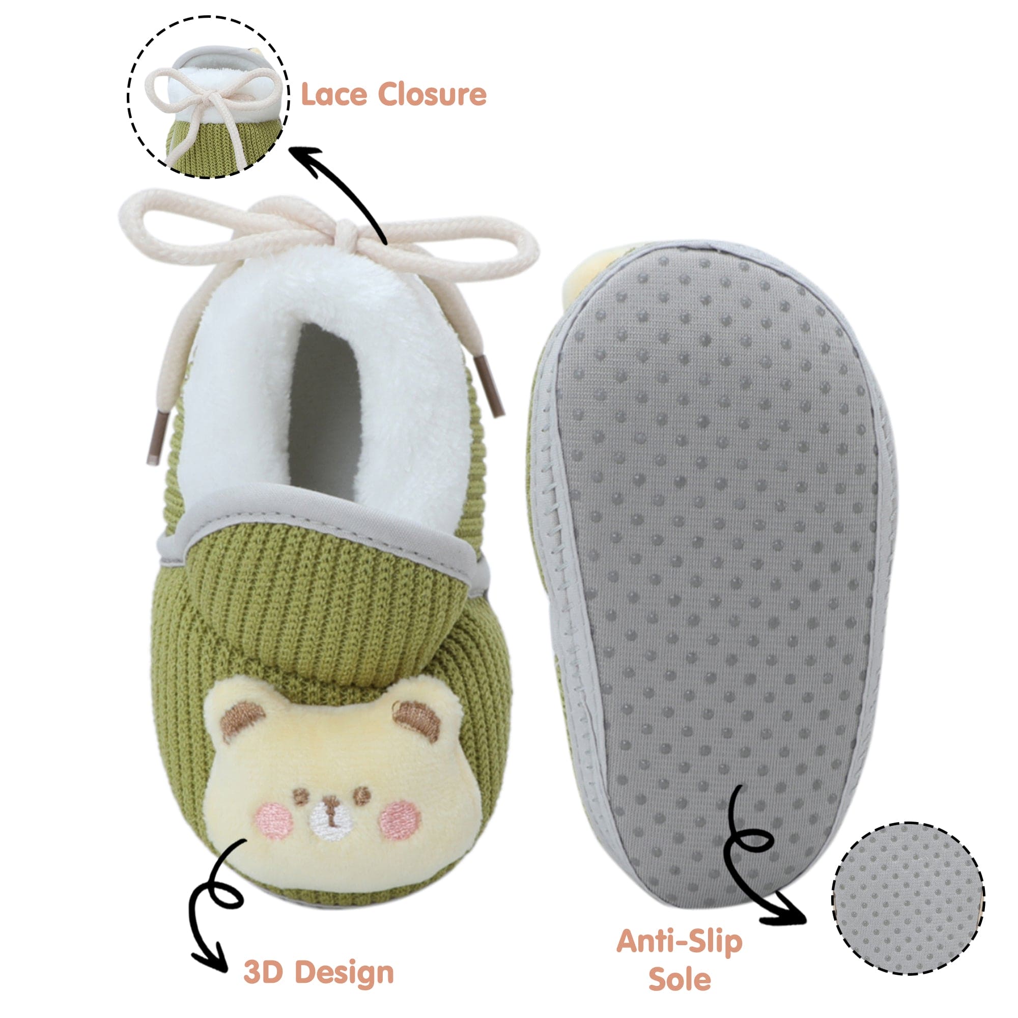 Baby Moo 3D Kitty Ribbed Soft Slip-On Anti-Skid Plush Warm Booties - Green