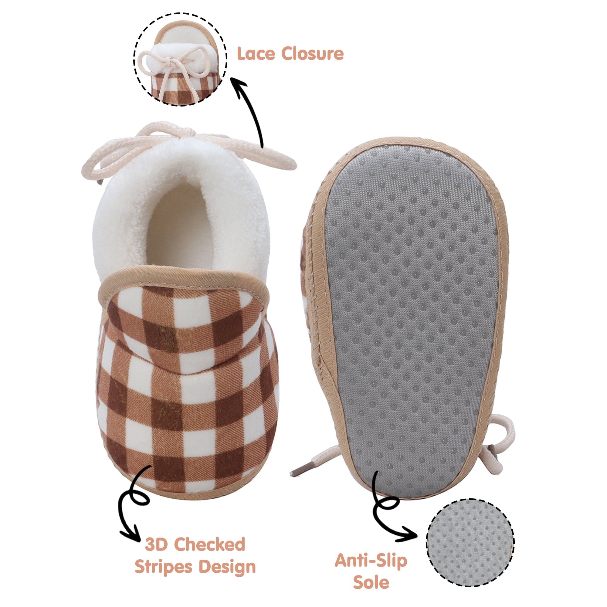 Baby Moo Checked Soft Slip-On Anti-Skid Plush Warm Booties - Brown