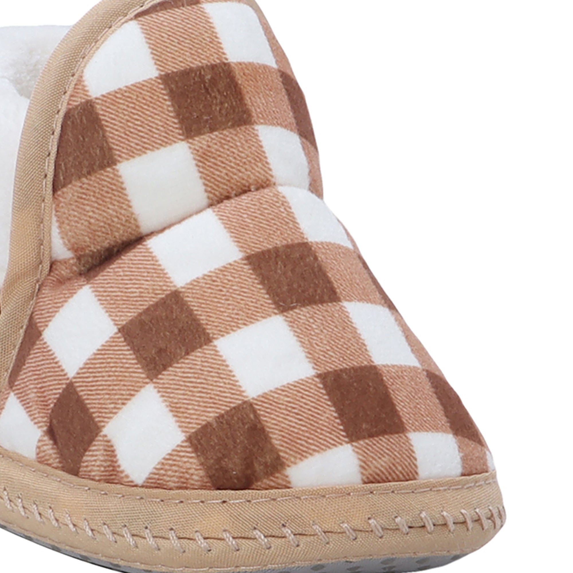 Baby Moo Checked Soft Slip-On Anti-Skid Plush Warm Booties - Brown