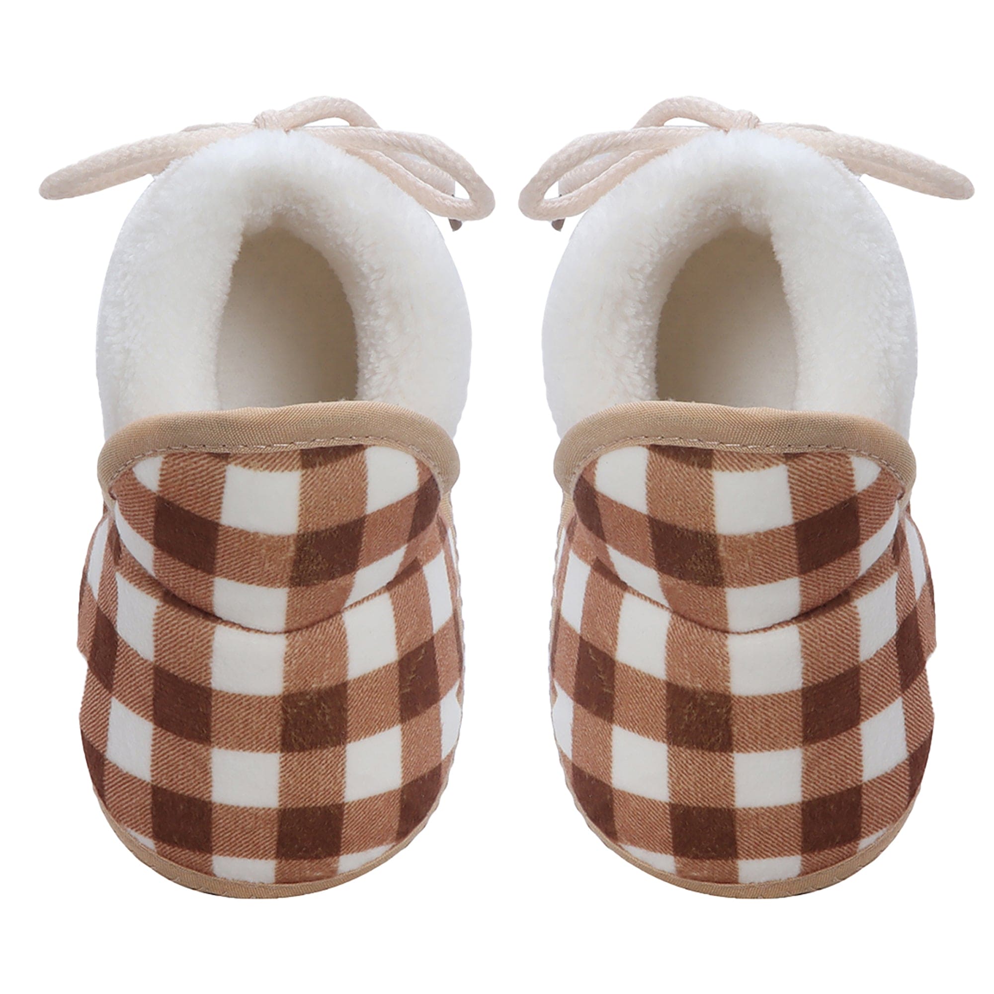 Baby Moo Checked Soft Slip-On Anti-Skid Plush Warm Booties - Brown