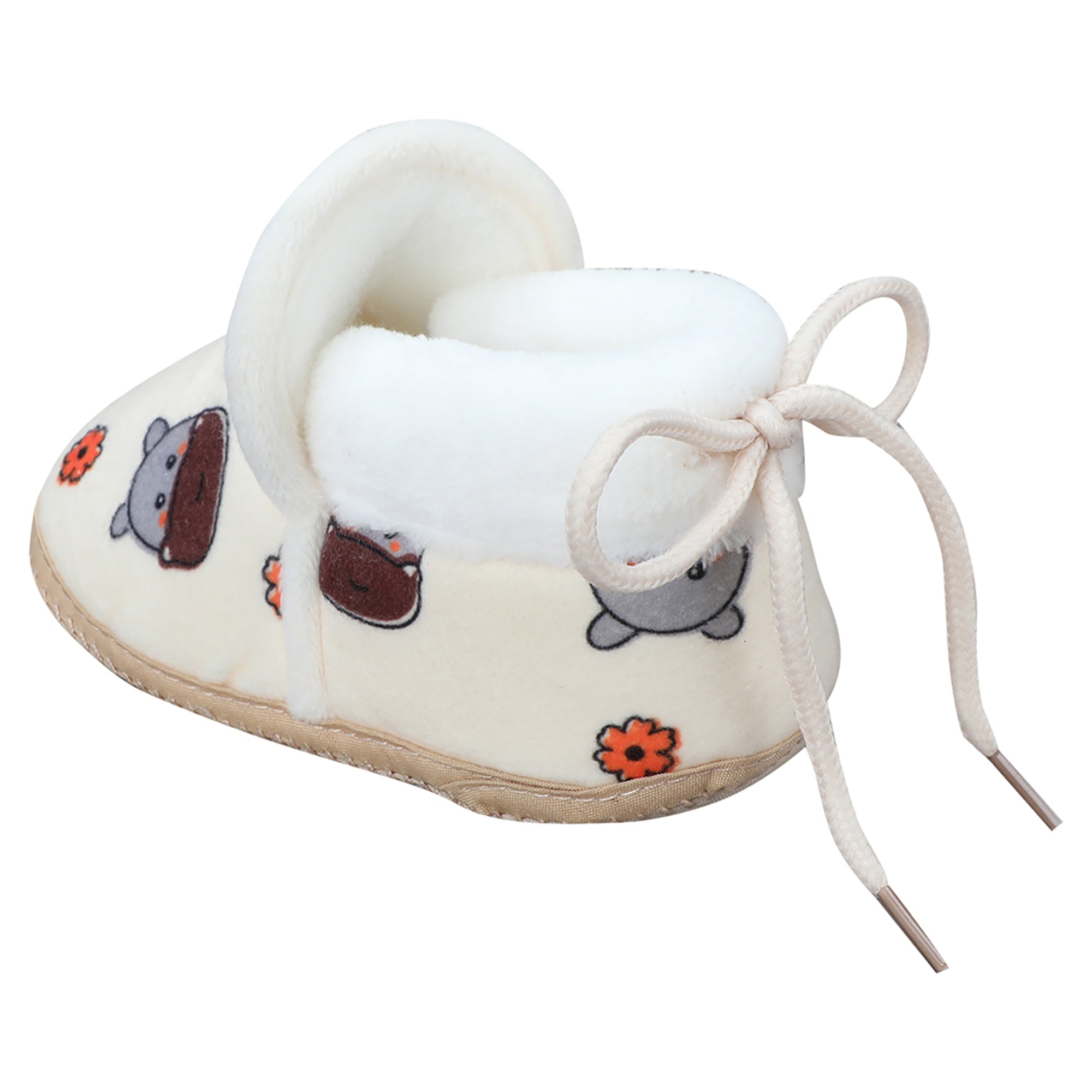 Baby Moo Hippo Face Printed Soft Slip-On Anti-Skid Plush Warm Booties - Beige