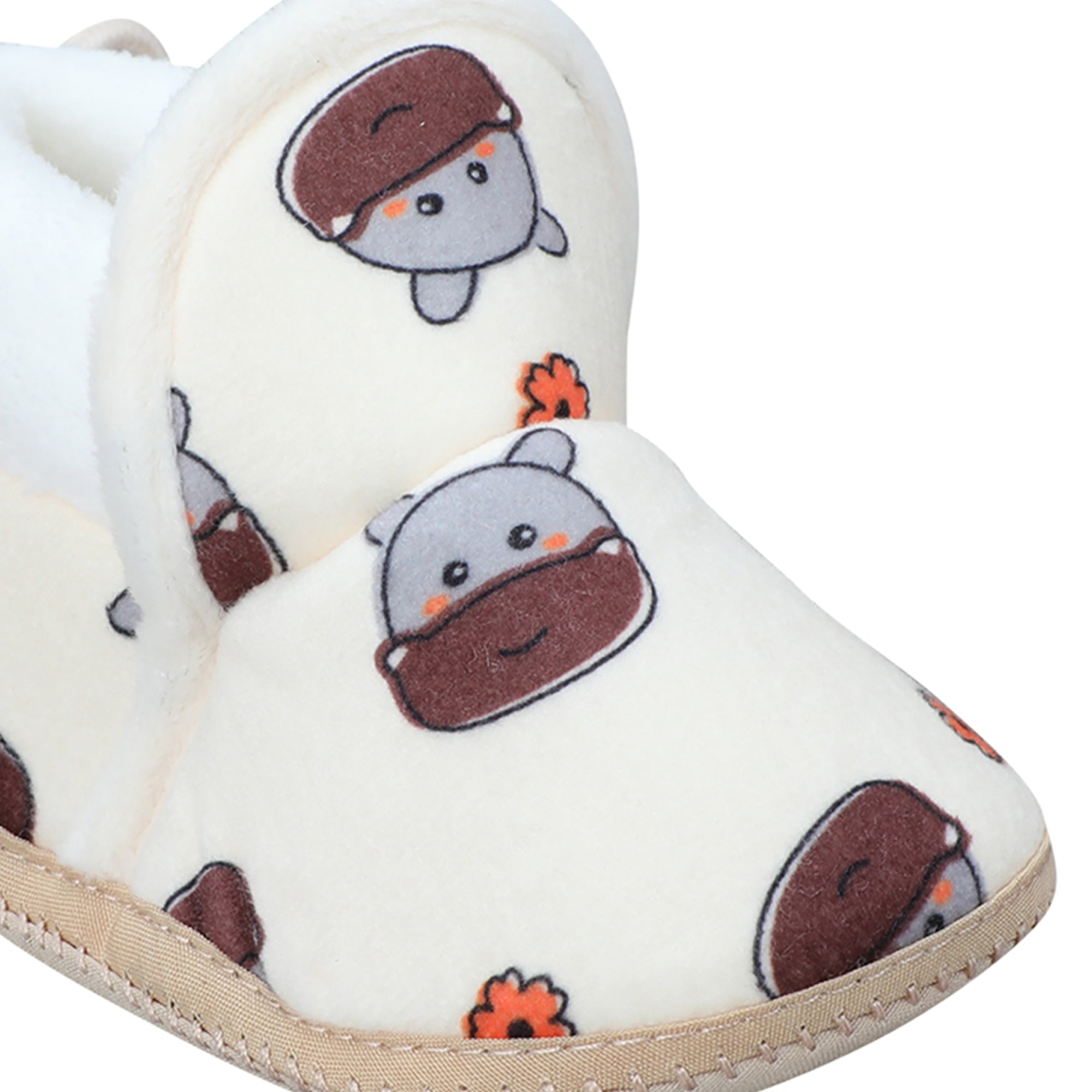 Baby Moo Hippo Face Printed Soft Slip-On Anti-Skid Plush Warm Booties - Beige