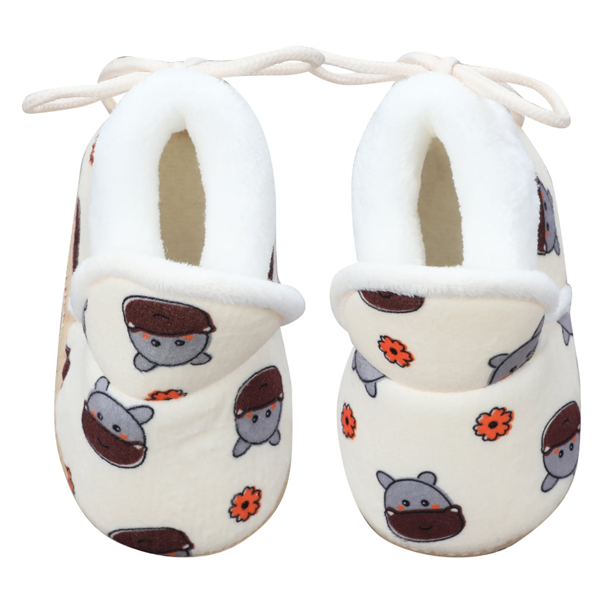 Baby Moo Hippo Face Printed Soft Slip-On Anti-Skid Plush Warm Booties - Beige