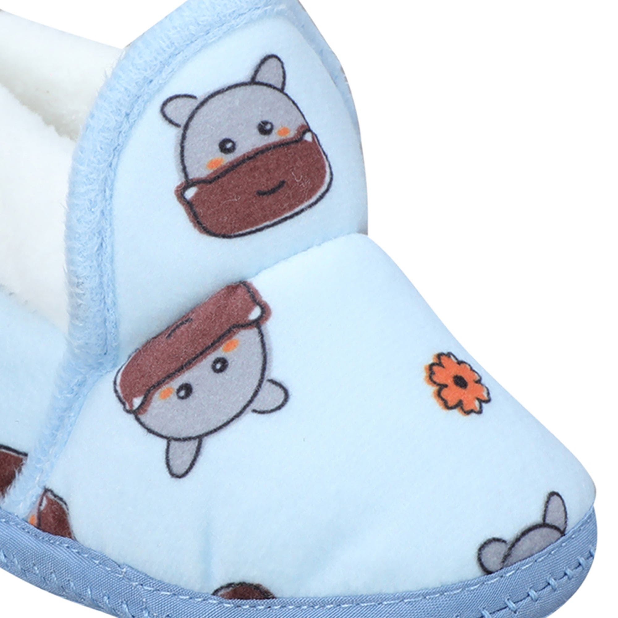 Baby Moo Hippo Face Printed Soft Slip-On Anti-Skid Plush Warm Booties - Blue