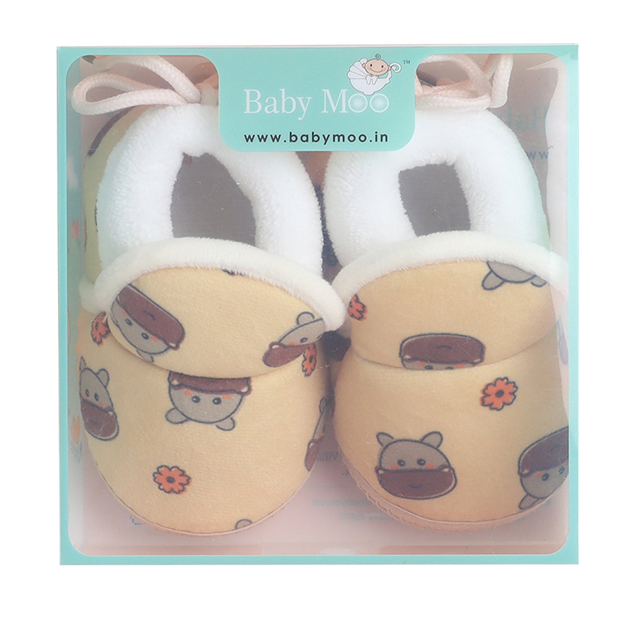 Baby Moo Hippo Face Printed Soft Slip-On Anti-Skid Plush Warm Booties - Mustard