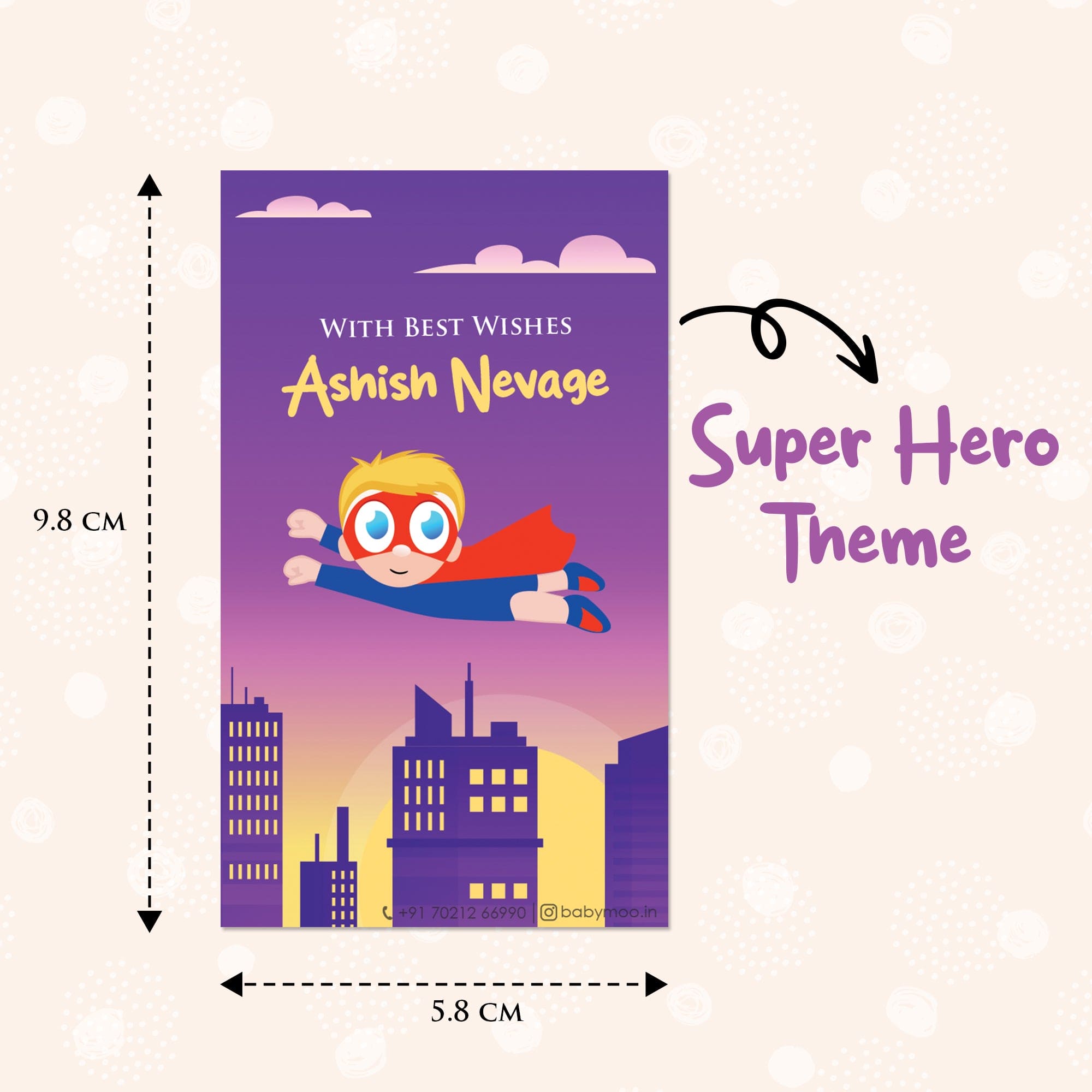 Baby Moo Super Hero 40 Gift Card Pack Personalised Wish Tags - Purple