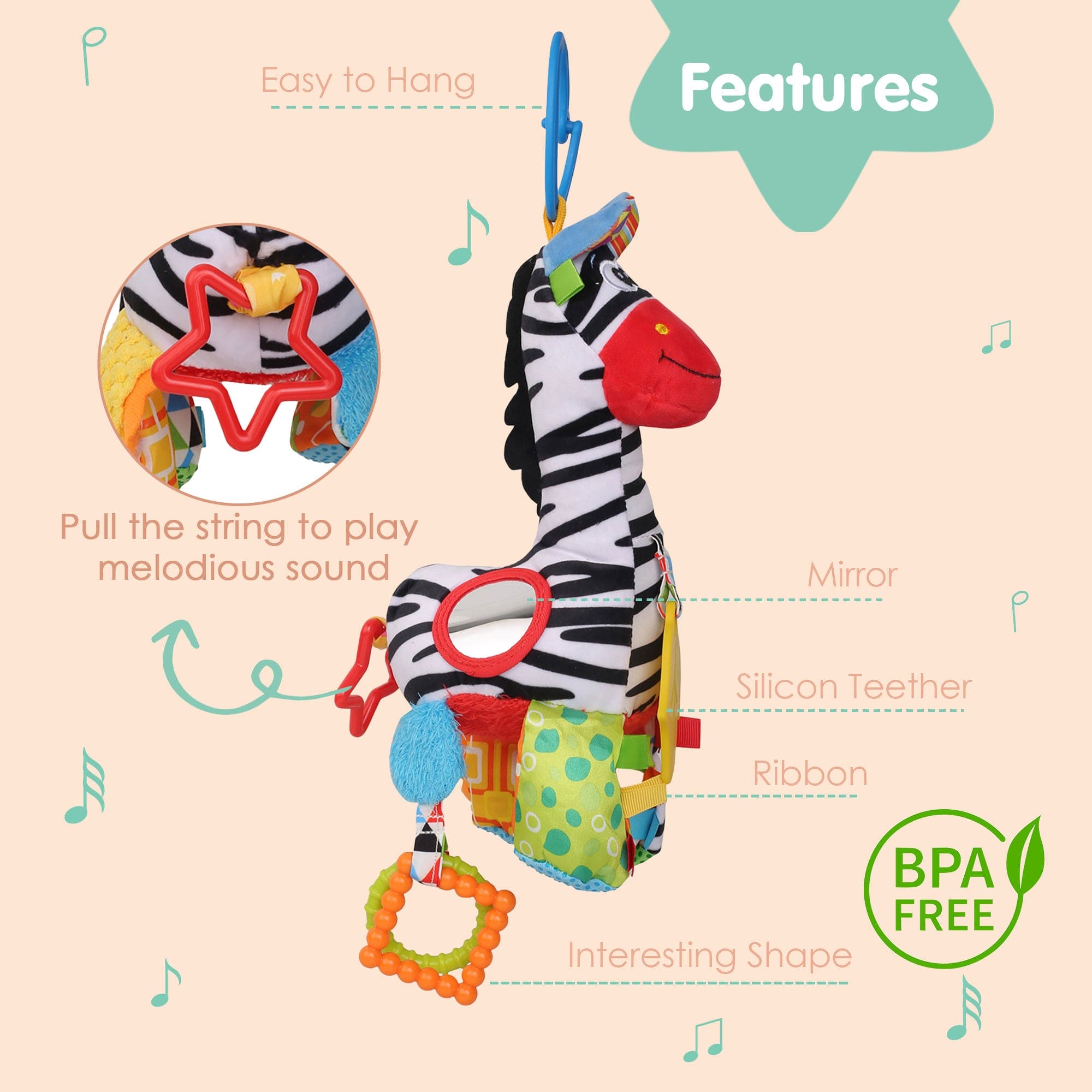 Zebra Multicolour Hanging Pulling Toy With Teether