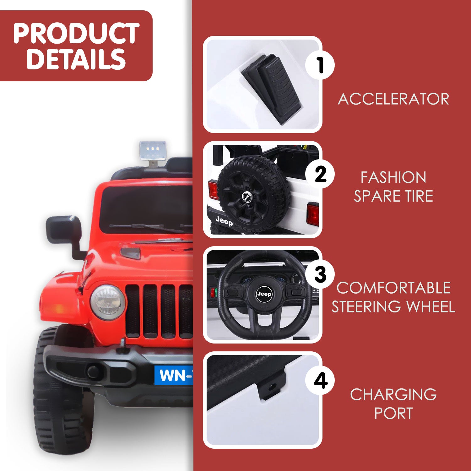 Baby Moo 4X4 Battery Operated Electric Ride On Jeep With Rechargeable 12V Battery, Remote Control Double Seat - Red