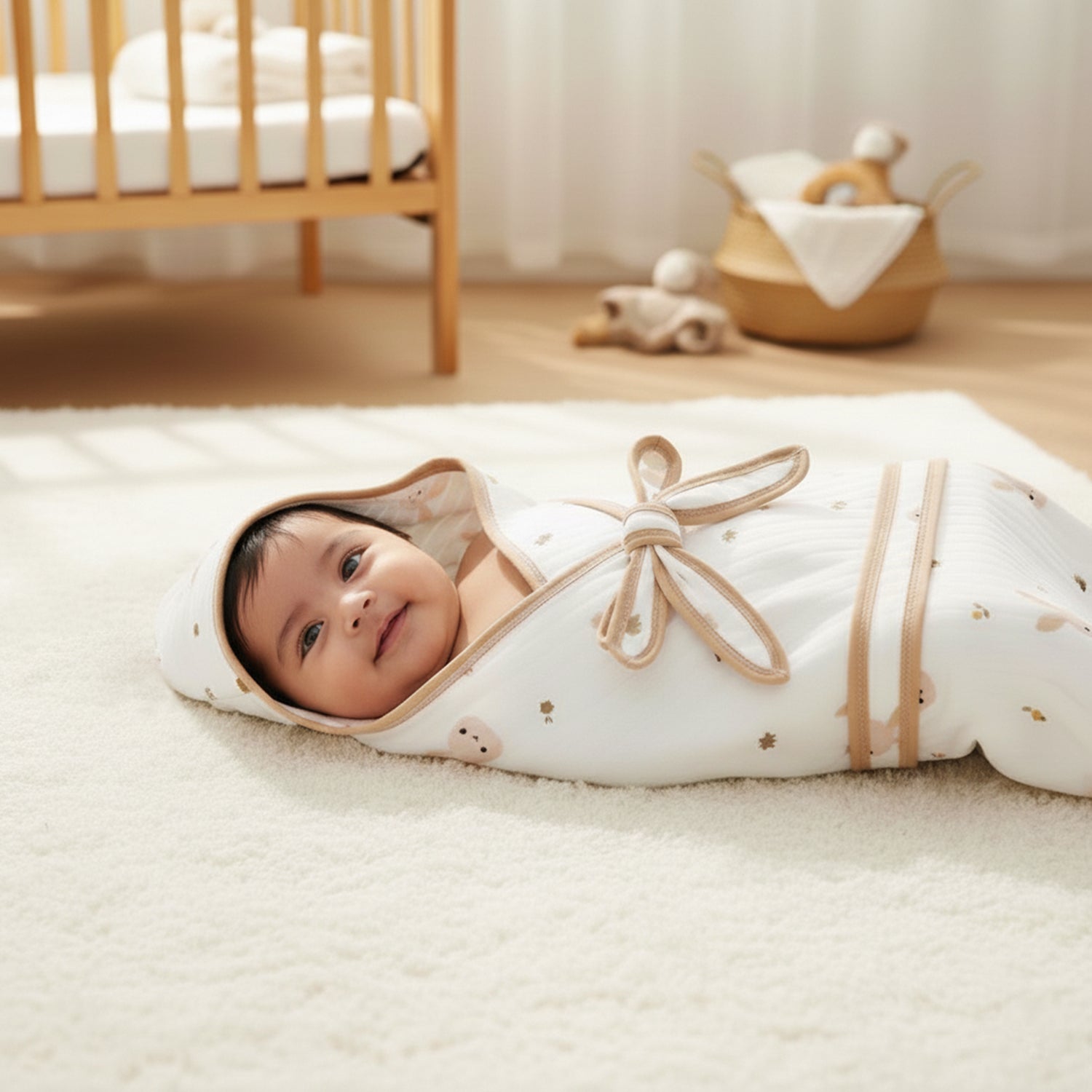 Baby Moo Bunny Prints Soft Hooded Wrapper With Belt - White