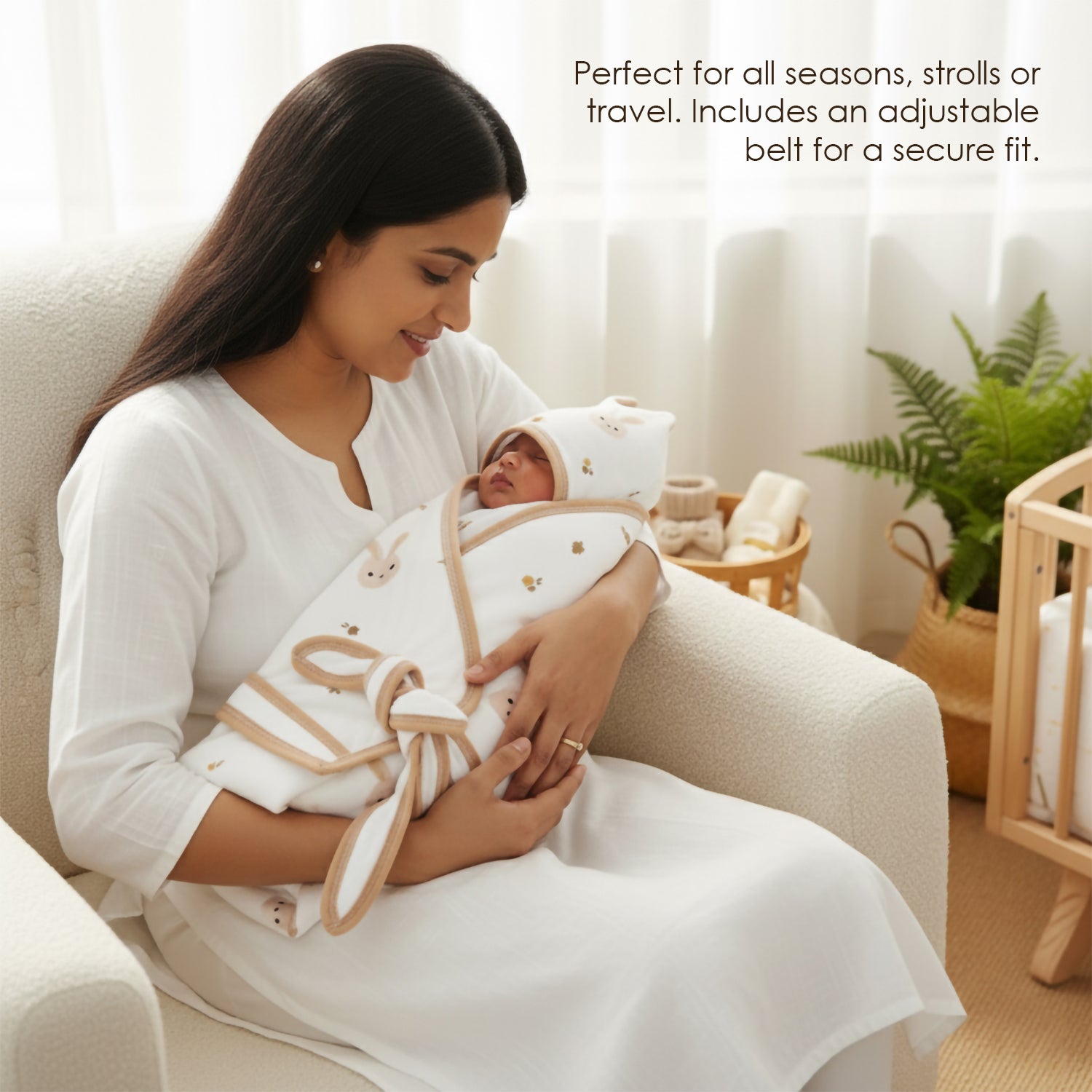 Baby Moo Bunny Prints Soft Hooded Wrapper With Belt - White