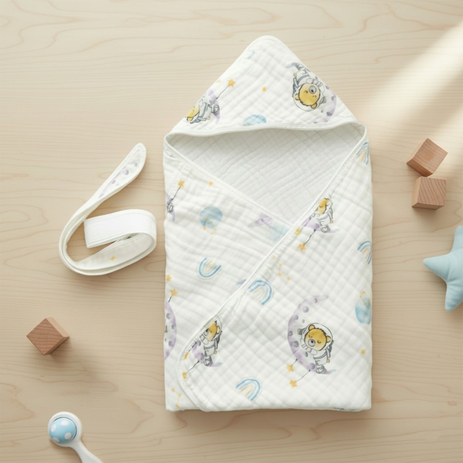 Baby Moo Koala Print Hooded Muslin Wrapper With Velcro Belt - White