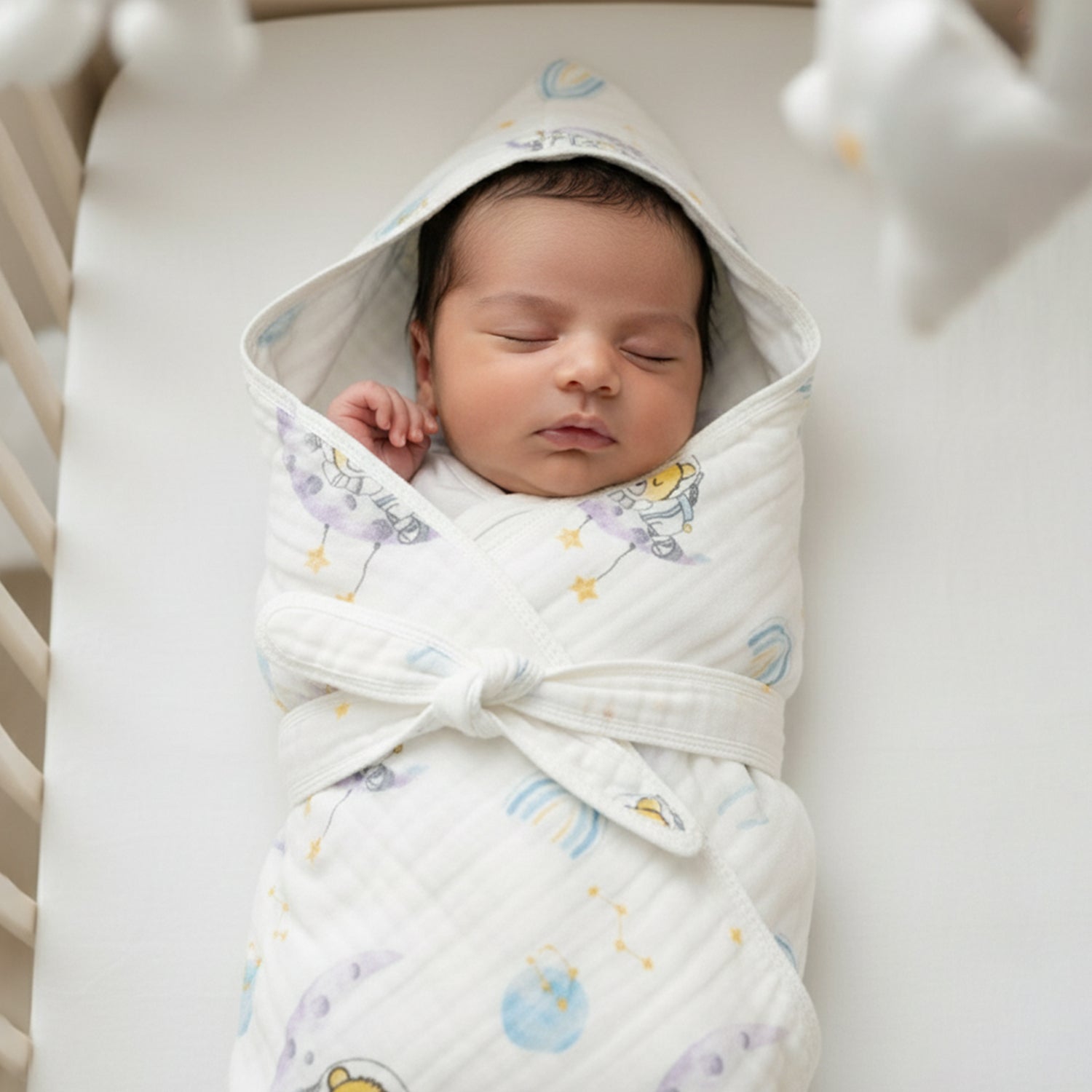 Baby Moo Koala Print Hooded Muslin Wrapper With Velcro Belt - White