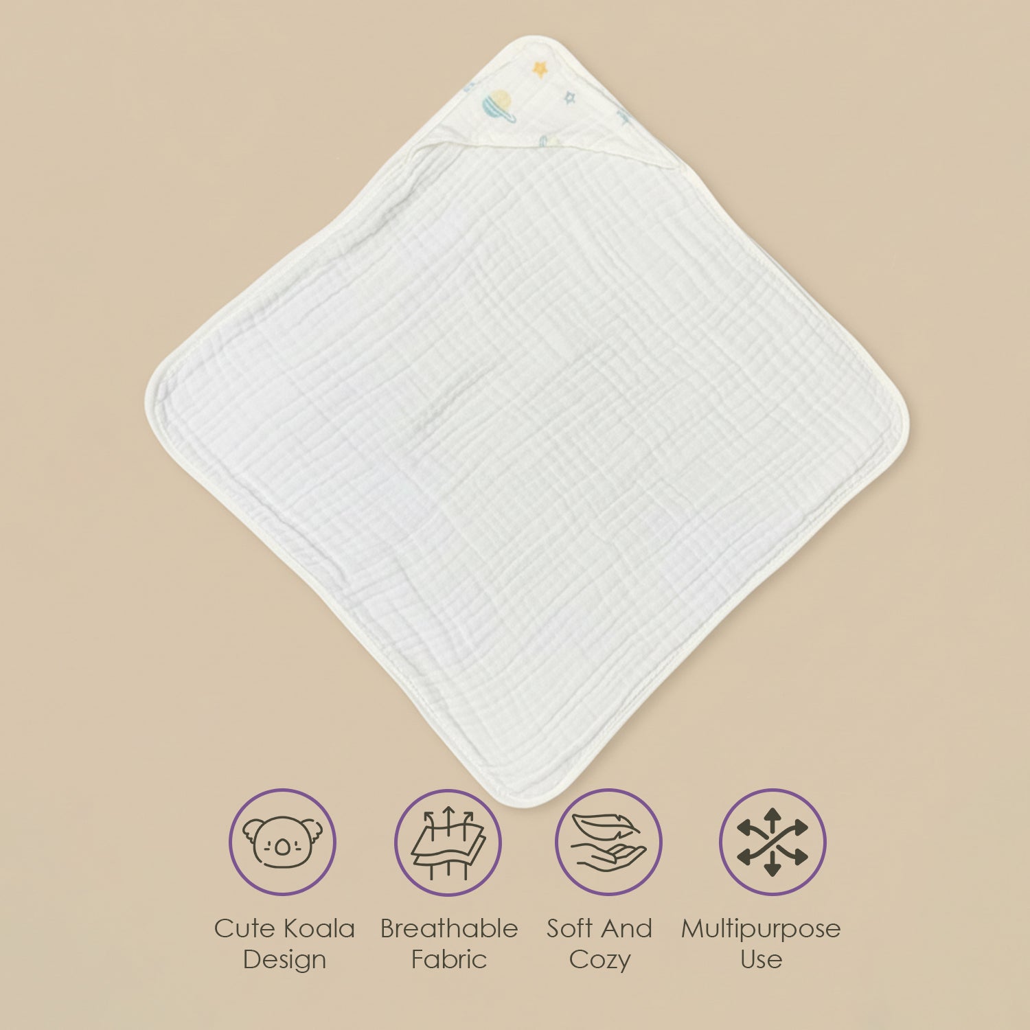 Baby Moo Koala Print Hooded Muslin Wrapper With Velcro Belt - White