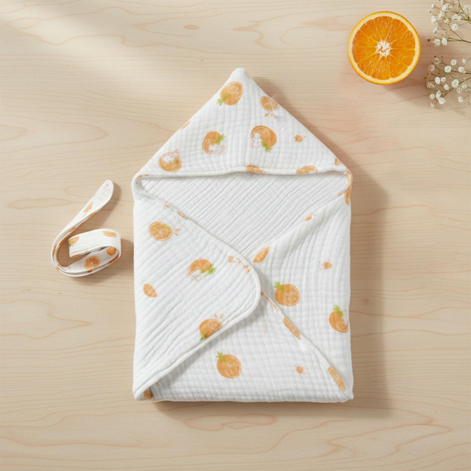 Baby Moo Orange Print Hooded Muslin Wrapper 6 Layer Hooded With Velcro Belt - White