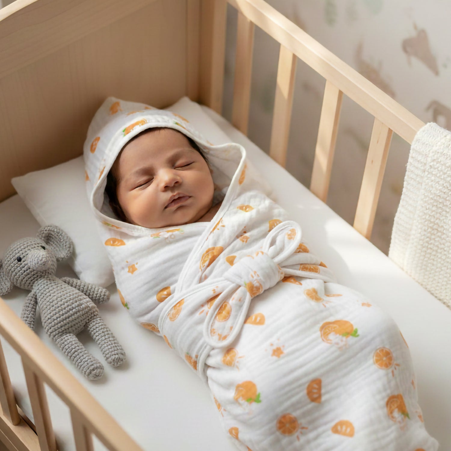 Baby Moo Orange Print Hooded Muslin Wrapper 6 Layer Hooded With Velcro Belt - White