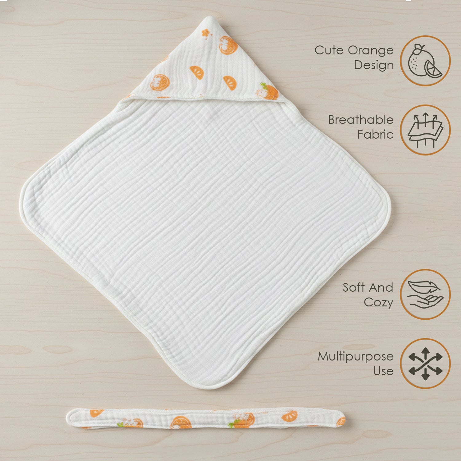 Baby Moo Orange Print Hooded Muslin Wrapper 6 Layer Hooded With Velcro Belt - White