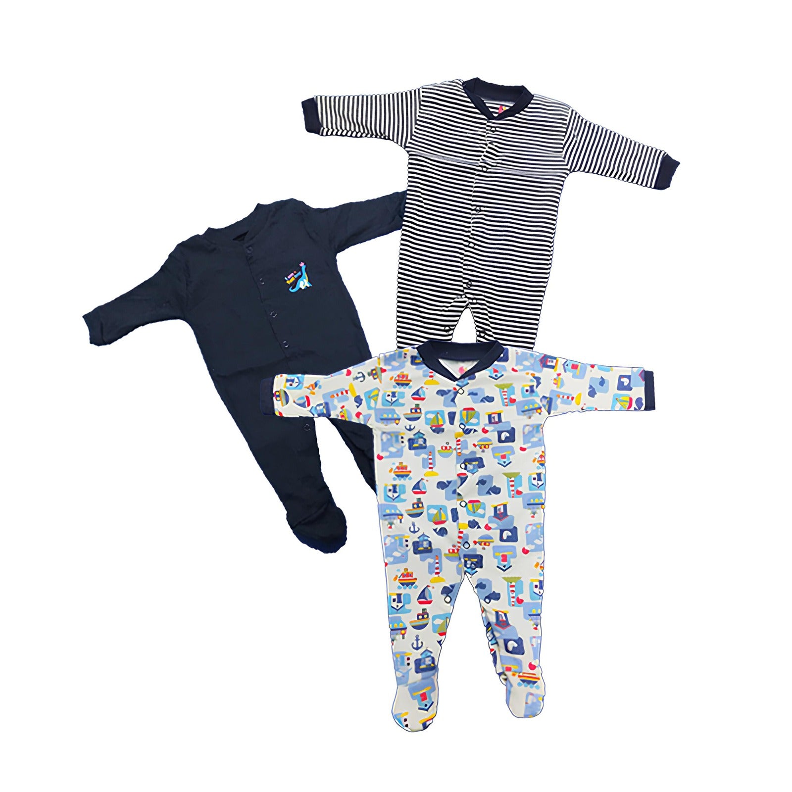 Baby Moo Cartoon Print Full Length Sleep Suit Pack of 3 Assorted - Multicolour