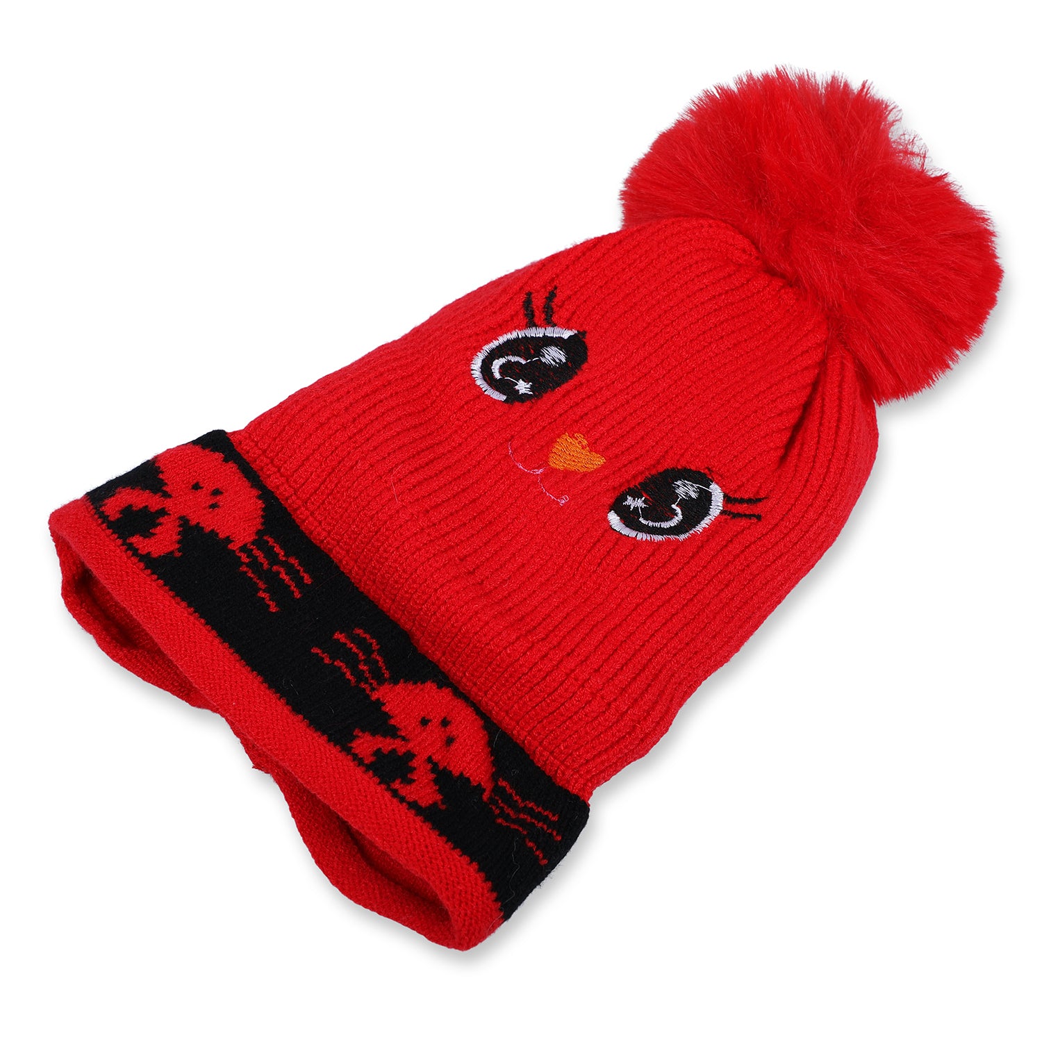 Baby Moo Tweety Eyes Pom Pom Woollen Cap - Red - Baby Moo