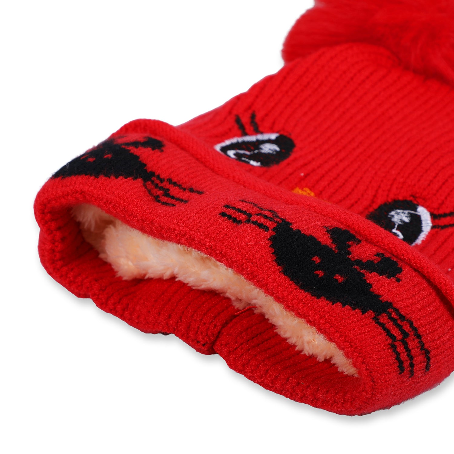 Baby Moo Tweety Eyes Pom Pom Woollen Cap - Red - Baby Moo