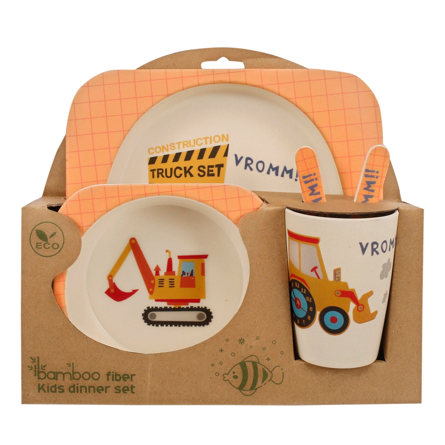 Construction Trucks Yellow Bamboo Fiber Dinner Set