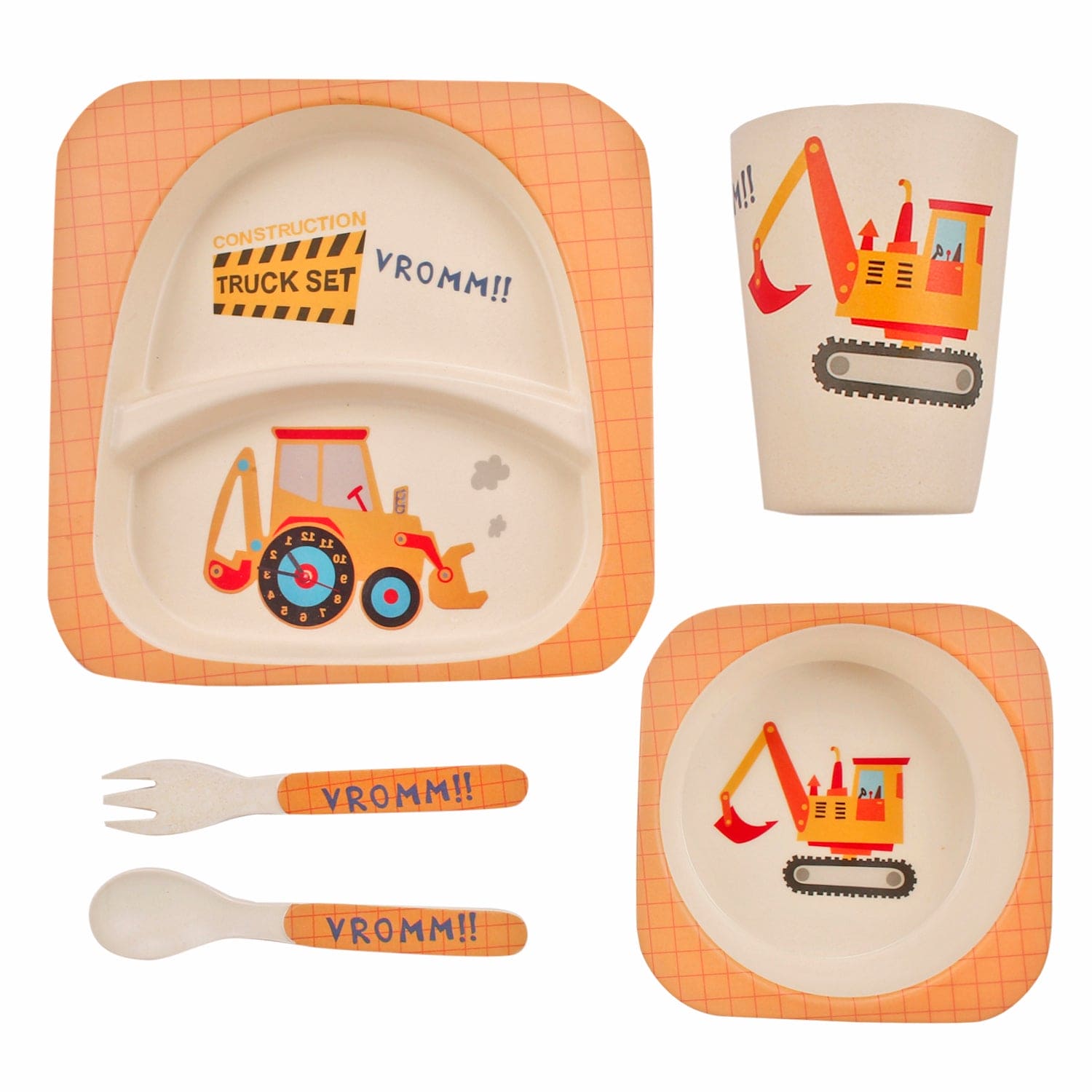 Construction Trucks Yellow Bamboo Fiber Dinner Set