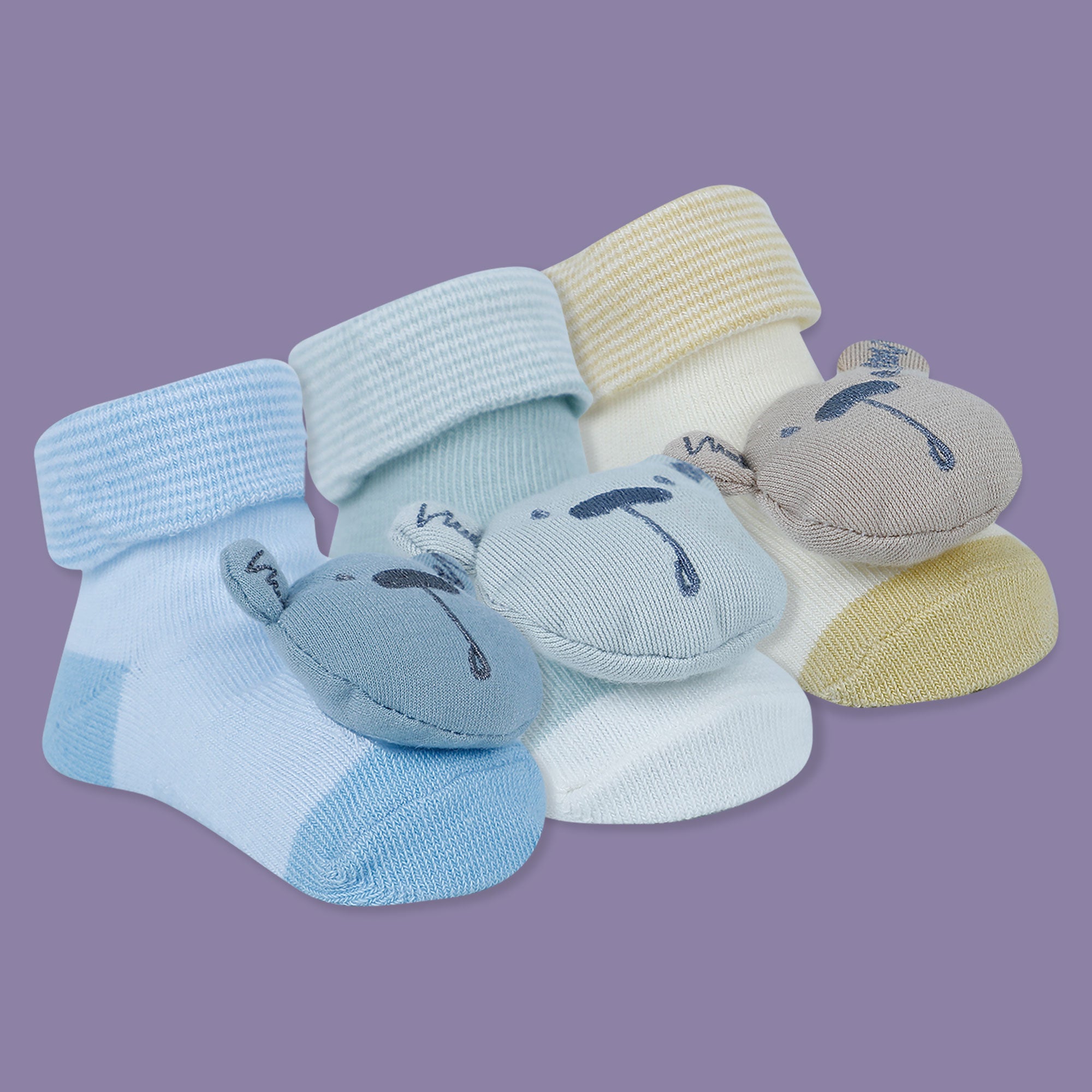 Baby Moo Bear 3D Rattle Anti-Skid Socks Booties Pack of 3 - Blue, Yellow