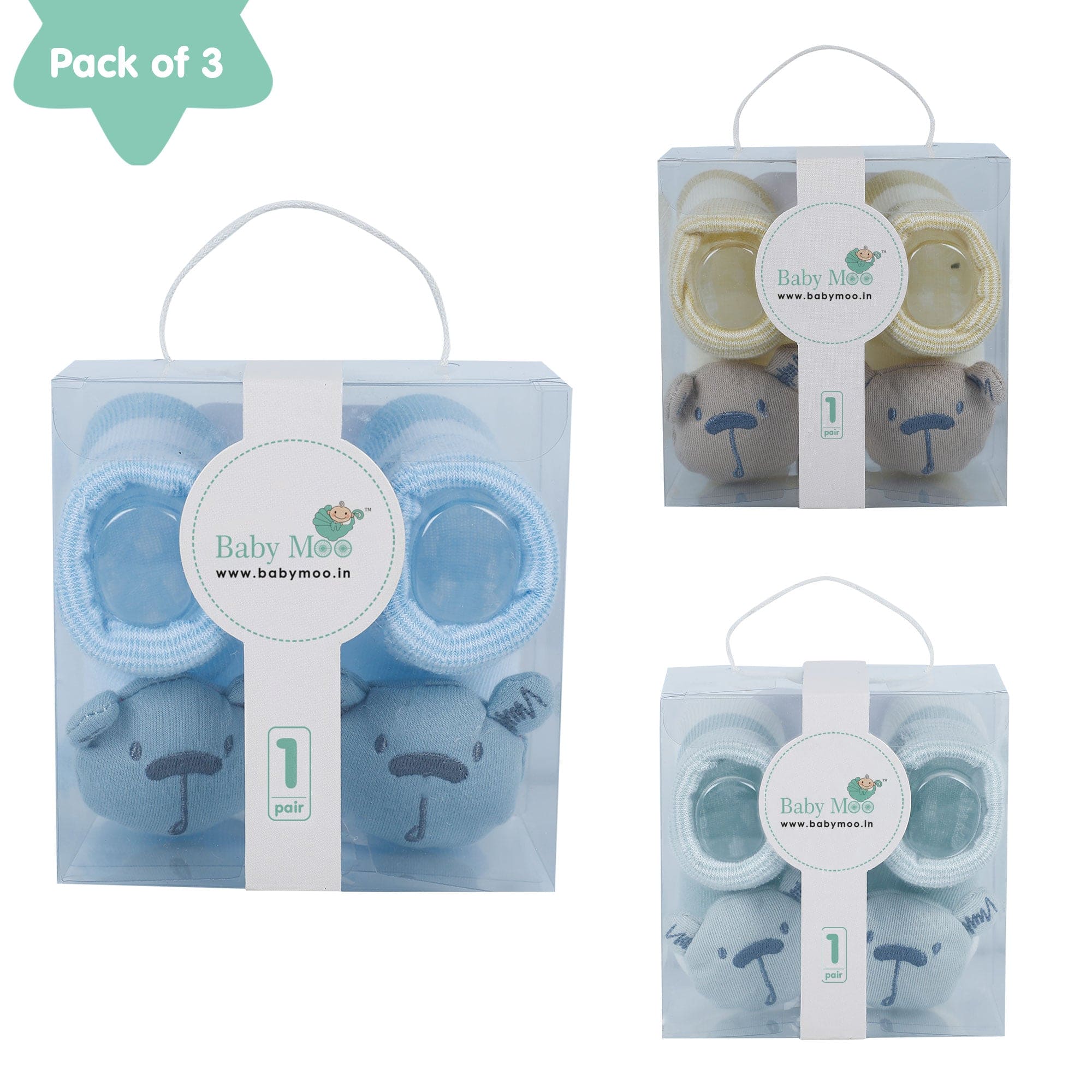 Baby Moo Bear 3D Rattle Anti-Skid Socks Booties Pack of 3 - Blue, Yellow