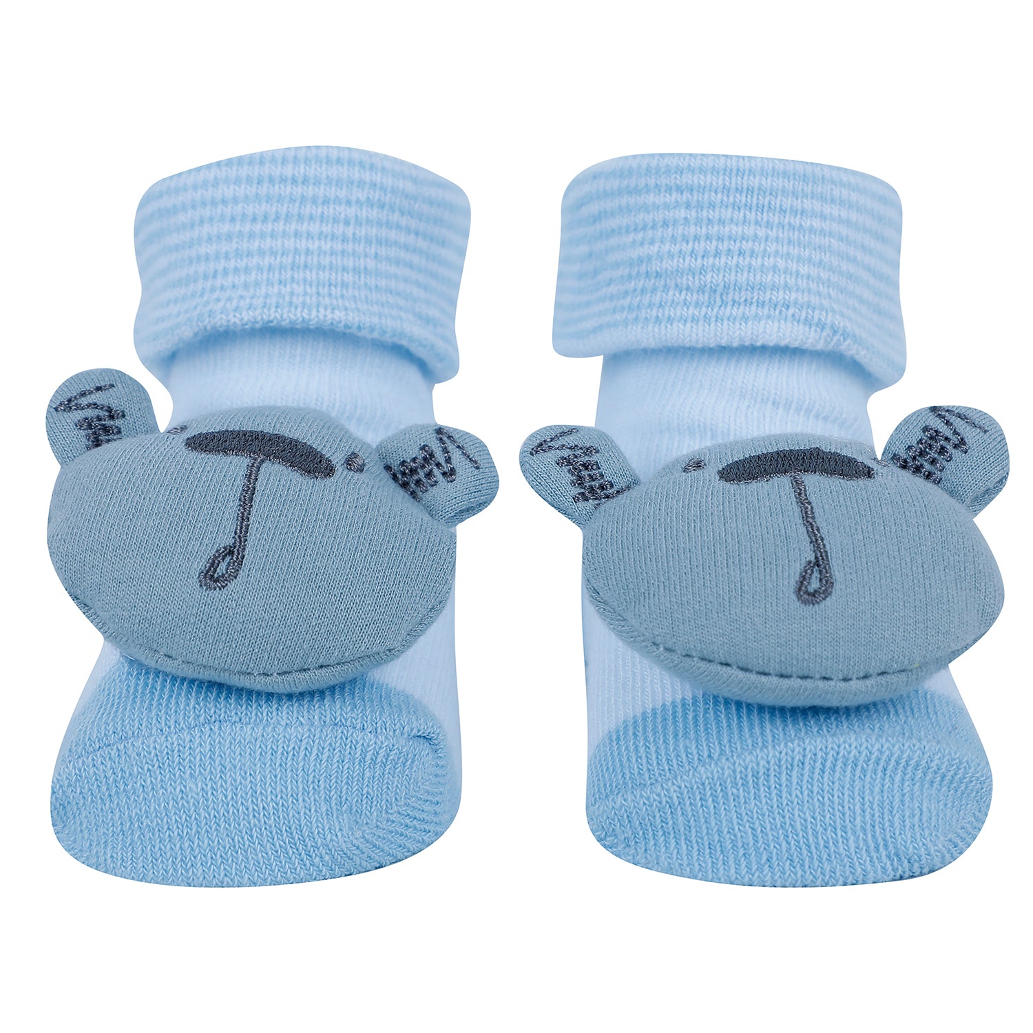 Baby Moo Bear 3D Rattle Anti-Skid Socks Booties Pack of 3 - Blue, Yellow