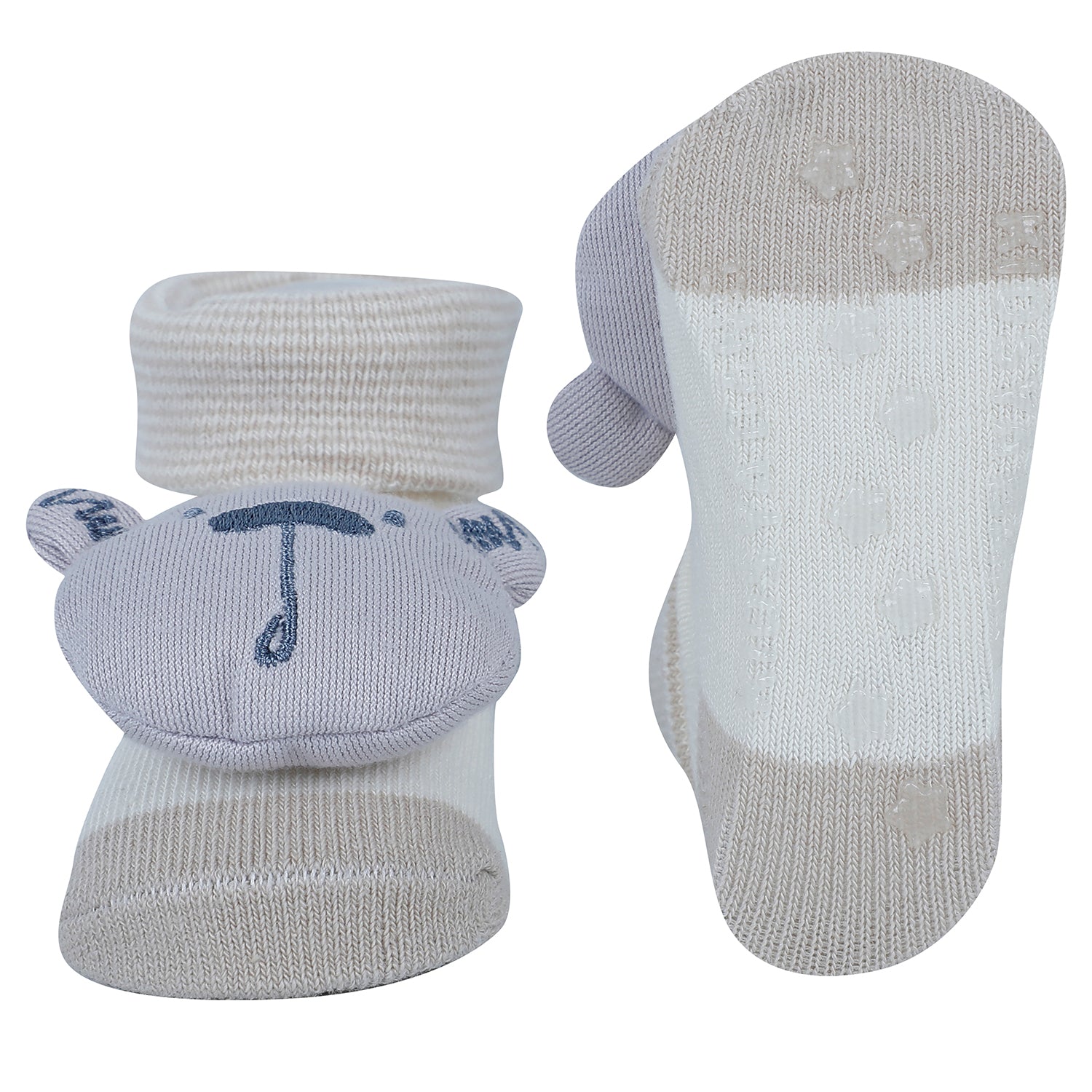 Baby Moo Bear 3D Rattle Anti-Skid Socks Booties Pack of 2 - Beige, Green