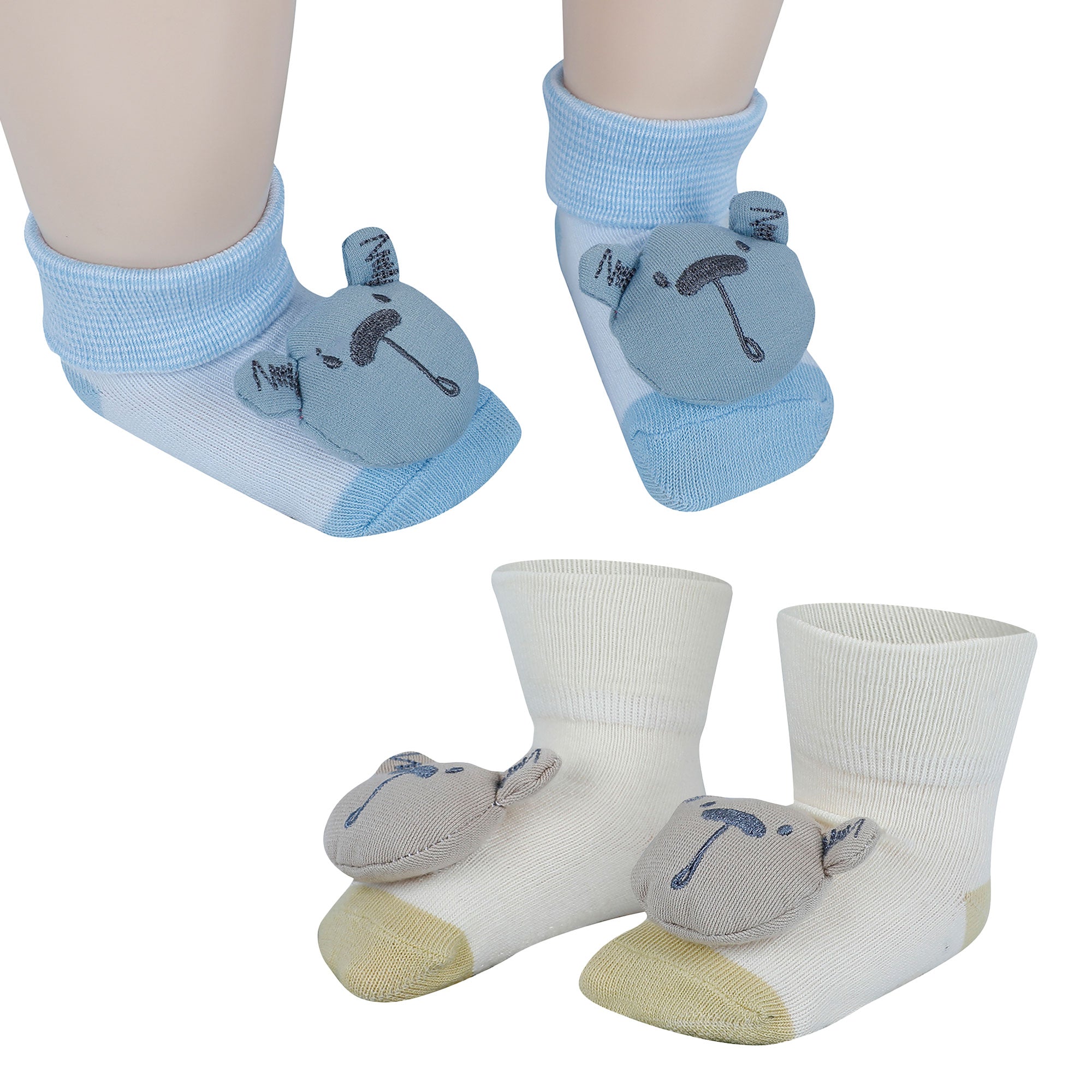 Baby Moo Bear 3D Rattle Anti-Skid Socks Booties Pack of 2 - Yellow, Blue