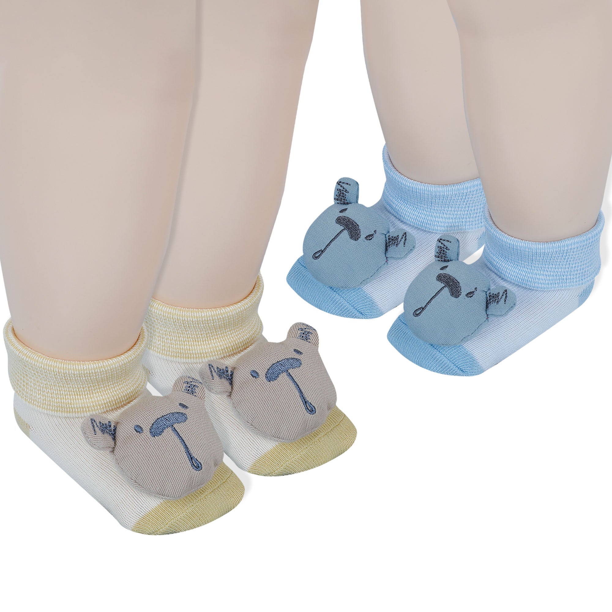 Baby Moo Bear 3D Rattle Anti-Skid Socks Booties Pack of 2 - Yellow, Blue