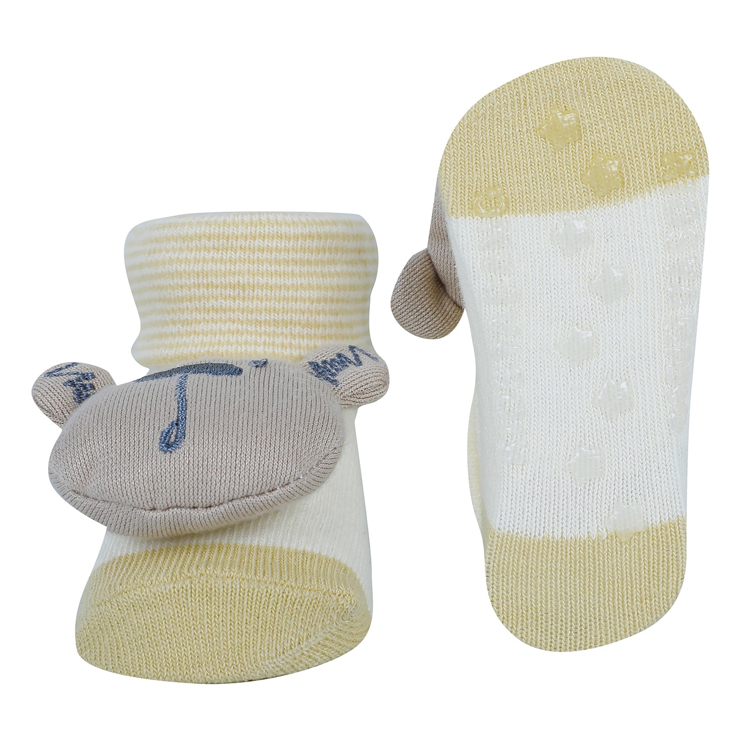 Baby Moo Bear 3D Rattle Anti-Skid Socks Booties Pack of 2 - Yellow, Blue