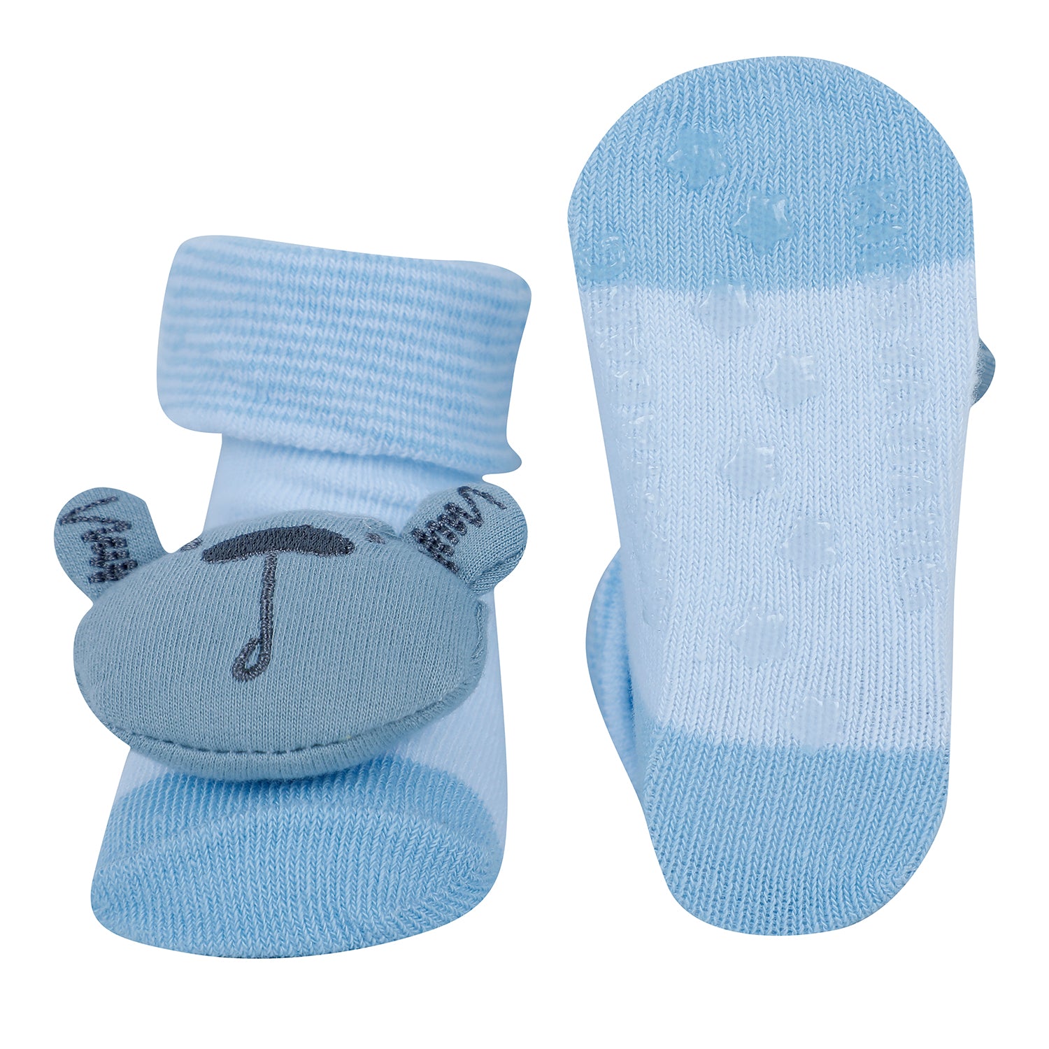 Baby Moo Bear 3D Rattle Anti-Skid Socks Booties Pack of 2 - Yellow, Blue