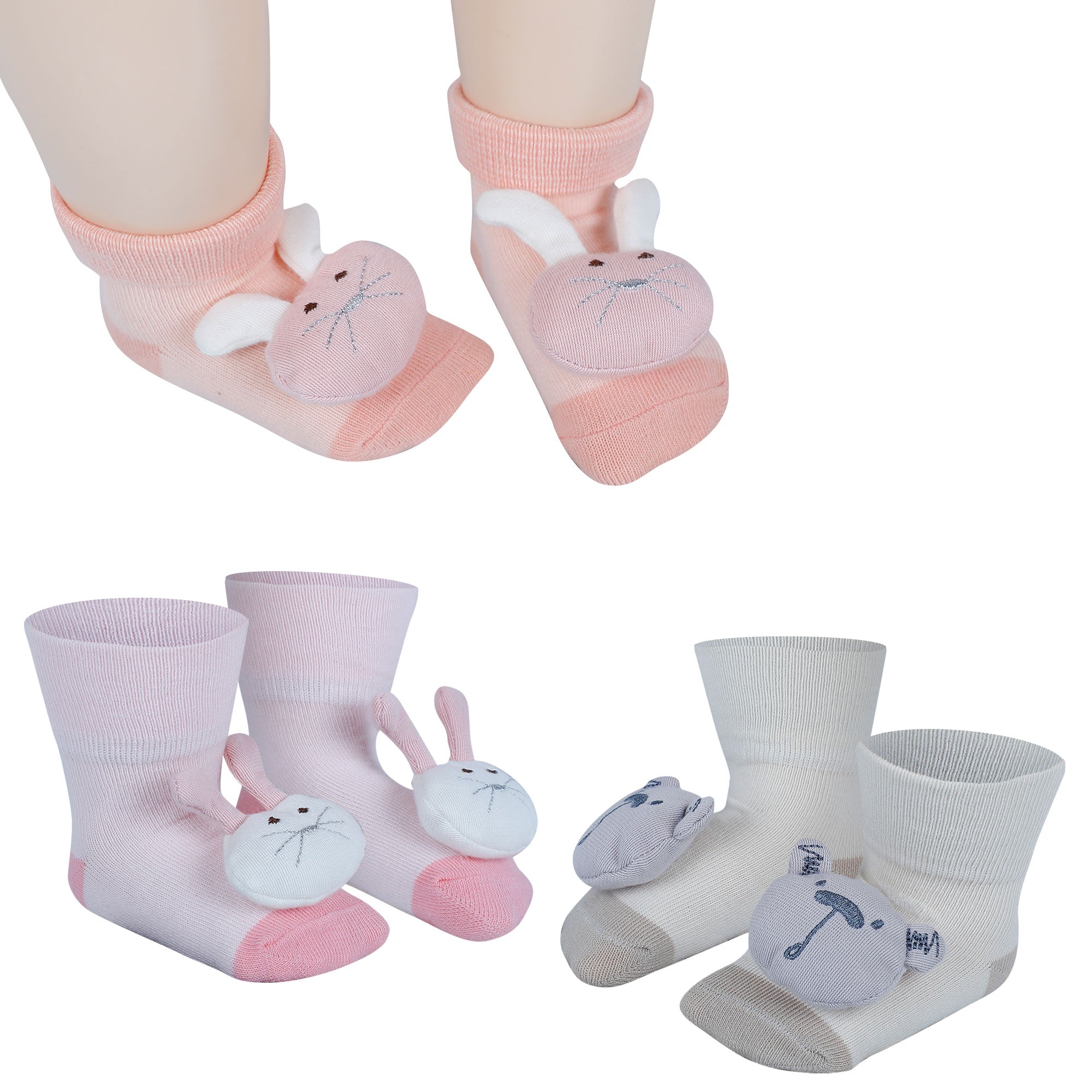 Baby Moo Bunny Bear 3D Rattle Anti-Skid Socks Booties Pack of 3 - Pink, Beige