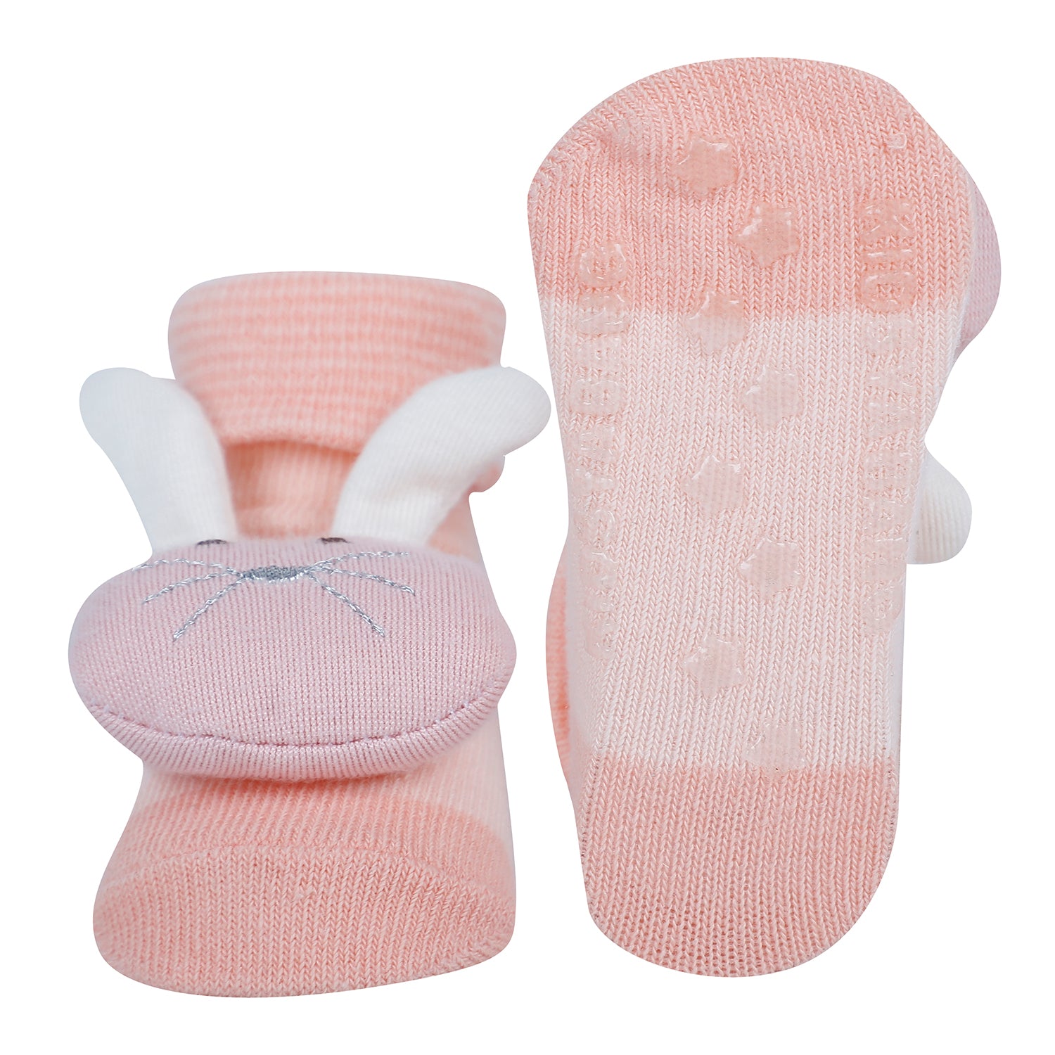 Baby Moo Bunny Bear 3D Rattle Anti-Skid Socks Booties Pack of 3 - Pink, Beige