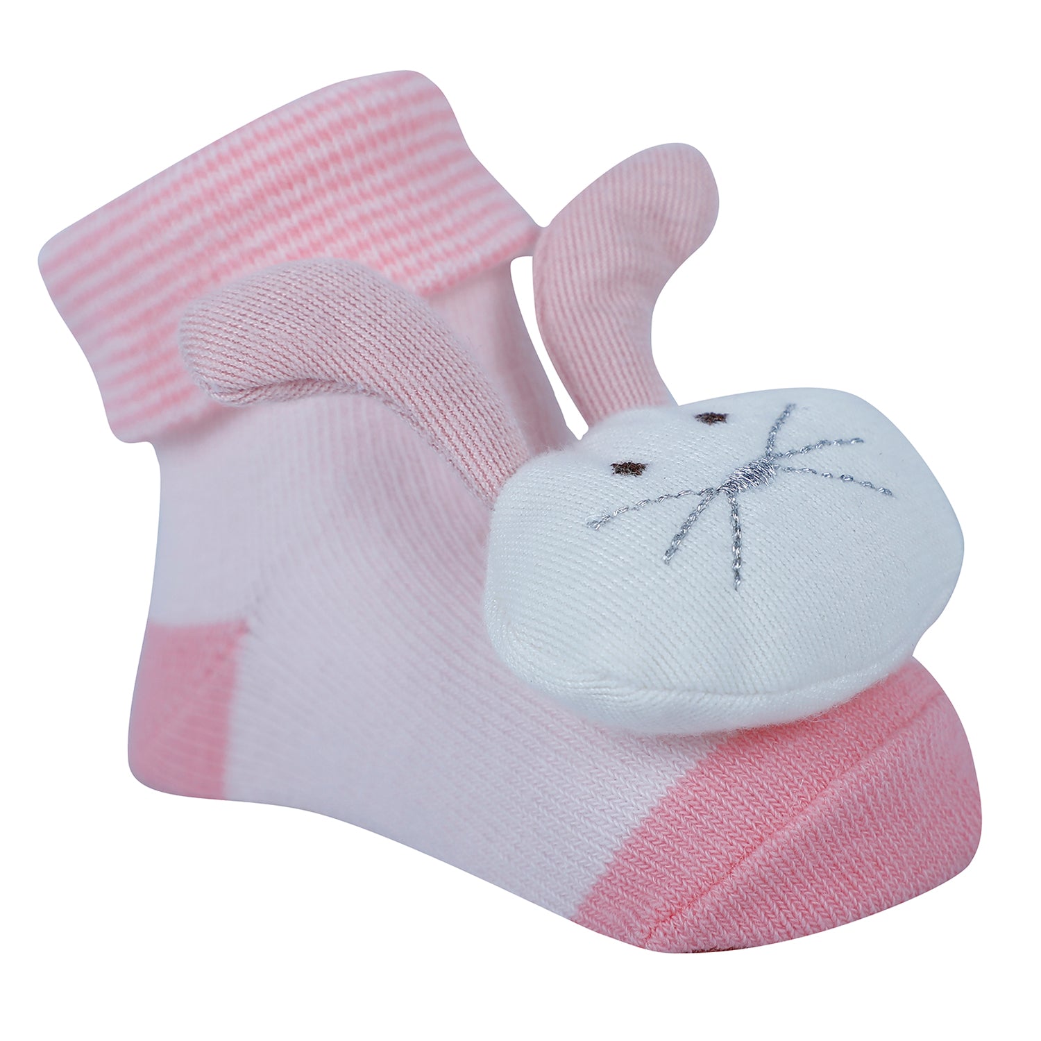 Baby Moo Rabbit 3D Rattle Anti-Skid Socks Booties Pack of 2 - Pink, Peach