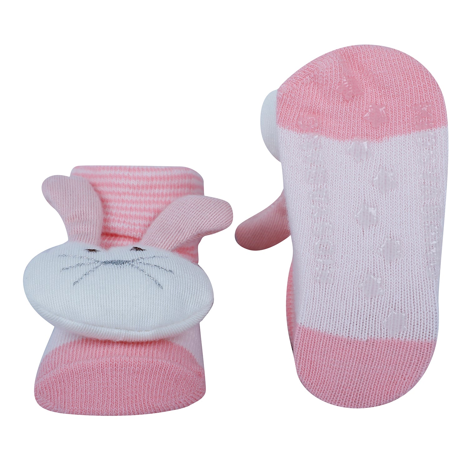 Baby Moo Rabbit 3D Rattle Anti-Skid Socks Booties Pack of 2 - Pink, Peach