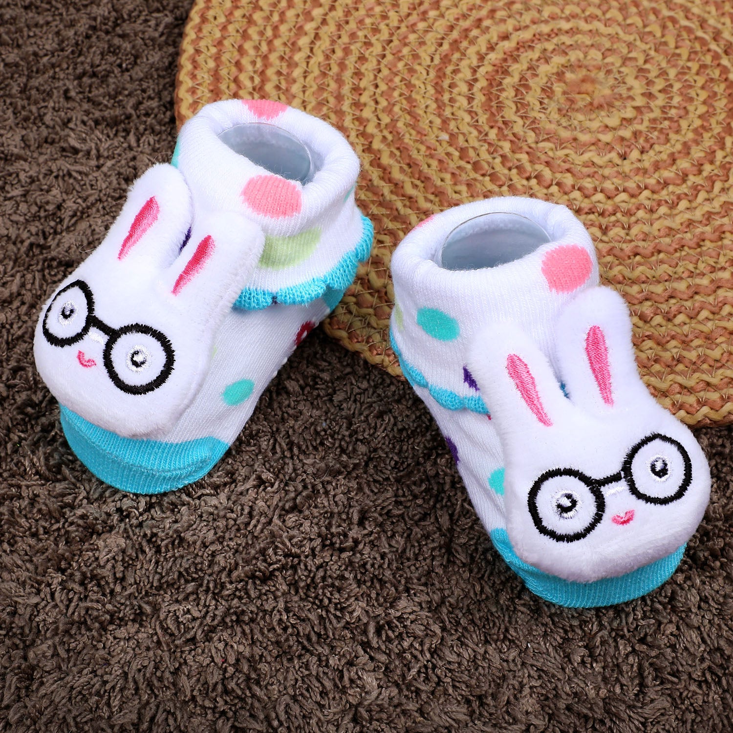 Baby Moo Nerdy Bunny Cotton Anti-Skid 3D Socks - White