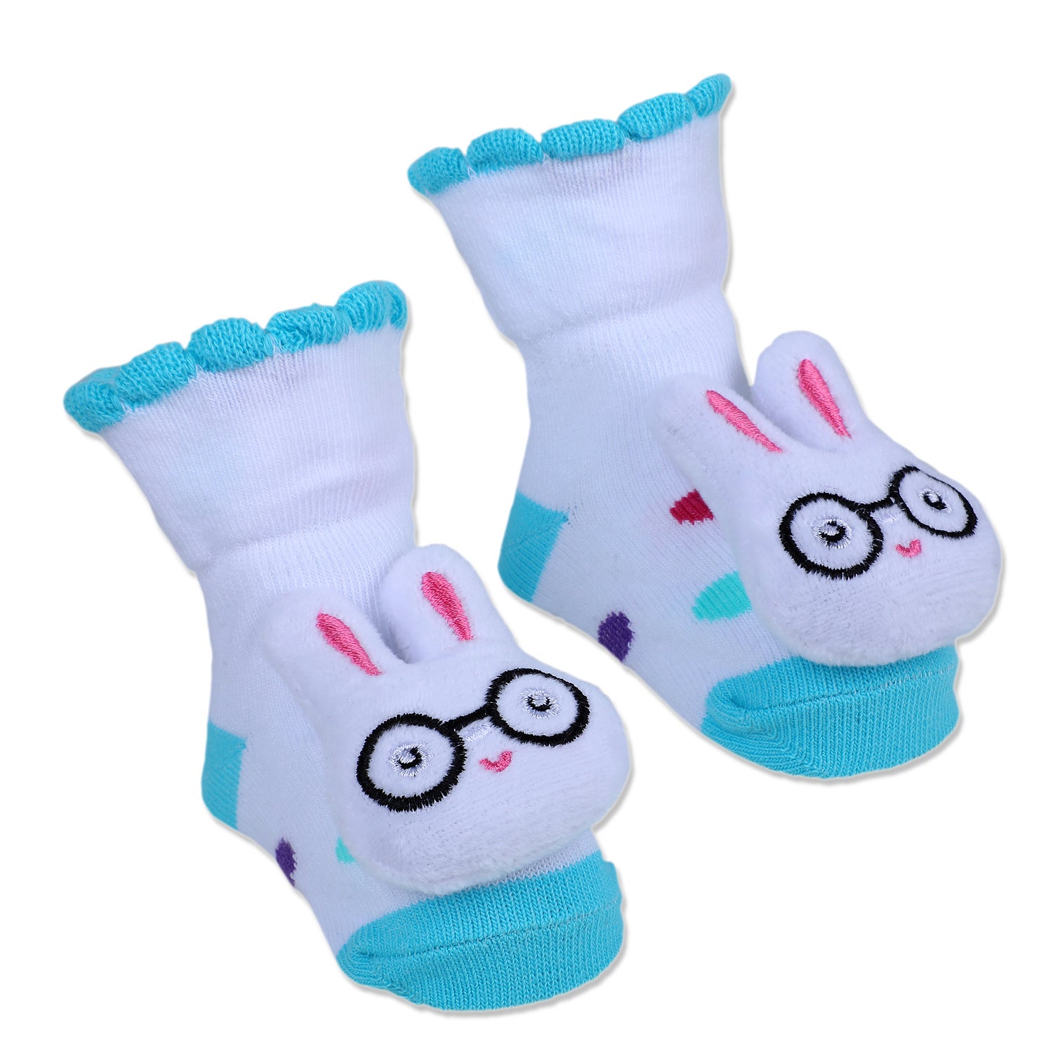 Baby Moo Nerdy Bunny Cotton Anti-Skid 3D Socks - White